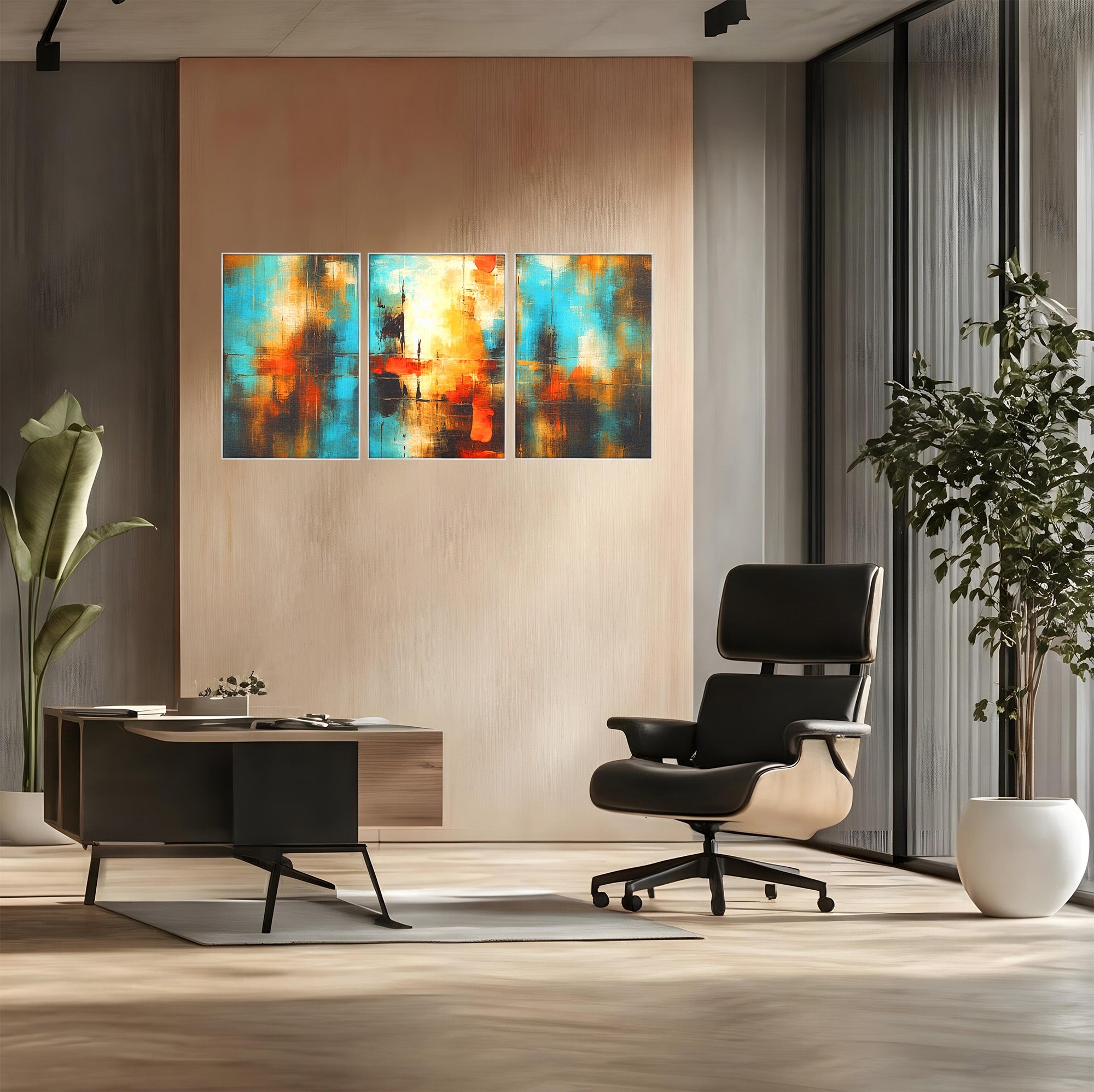 Set 3 Tablouri Canvas Premium LuxCanva® C3-1315, Ardere Lenta, Culori, Abstract, Dinamism, Modern, Portocaliu, Rosu, Albastru, Mare, Vapoare, Fereastra, Cer, Arhitectural, Ziduri, Birou, Living, Dormitor