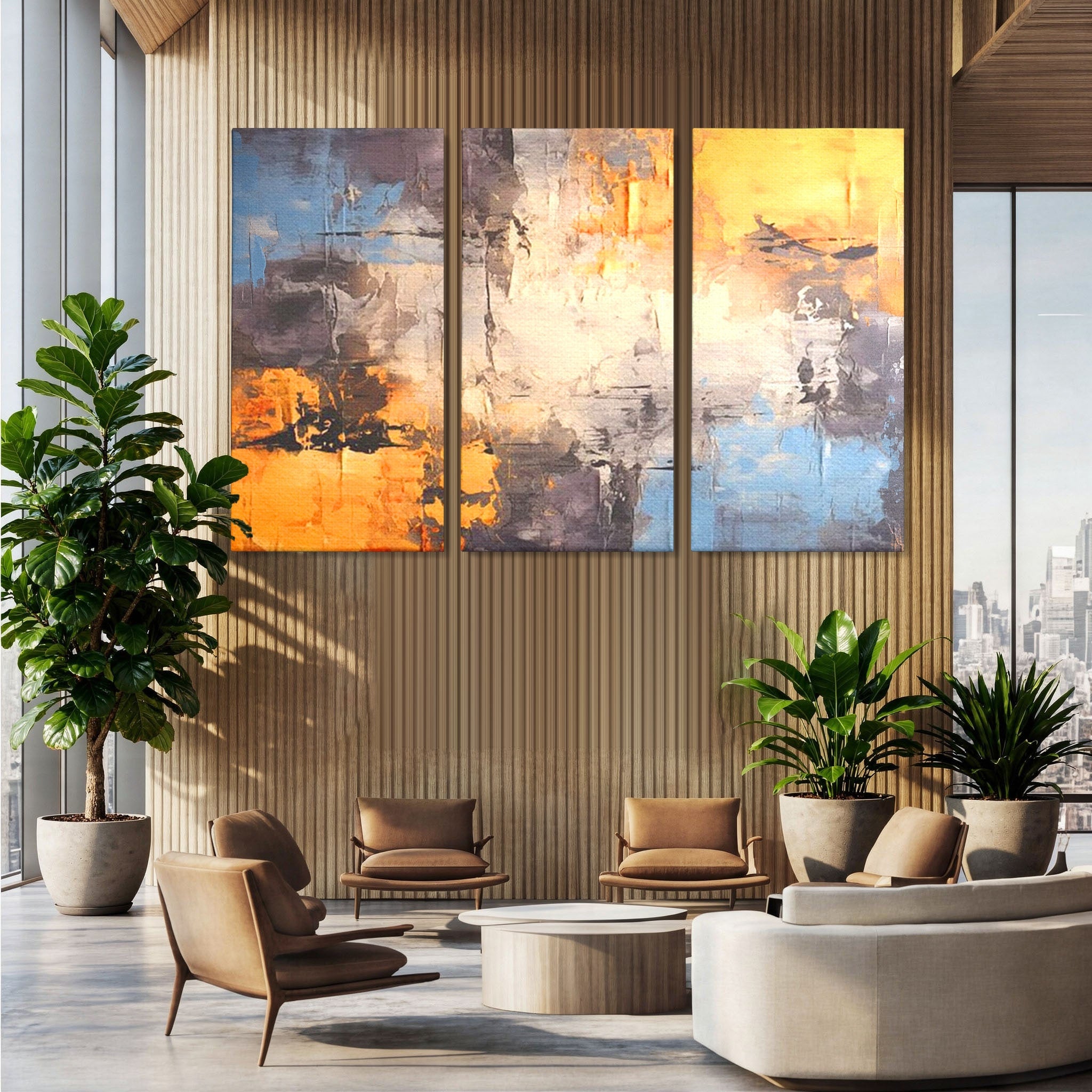 Set 3 Tablouri Canvas Premium LuxCanva® C3-1317, Hotarul Nevazut, Culori, Abstract, Dinamism, Modern, Portocaliu, Ecou, Soare, Timp, Poveste, Cer, Arhitectural, Idei, Dorinta, Birou, Living, Dormitor