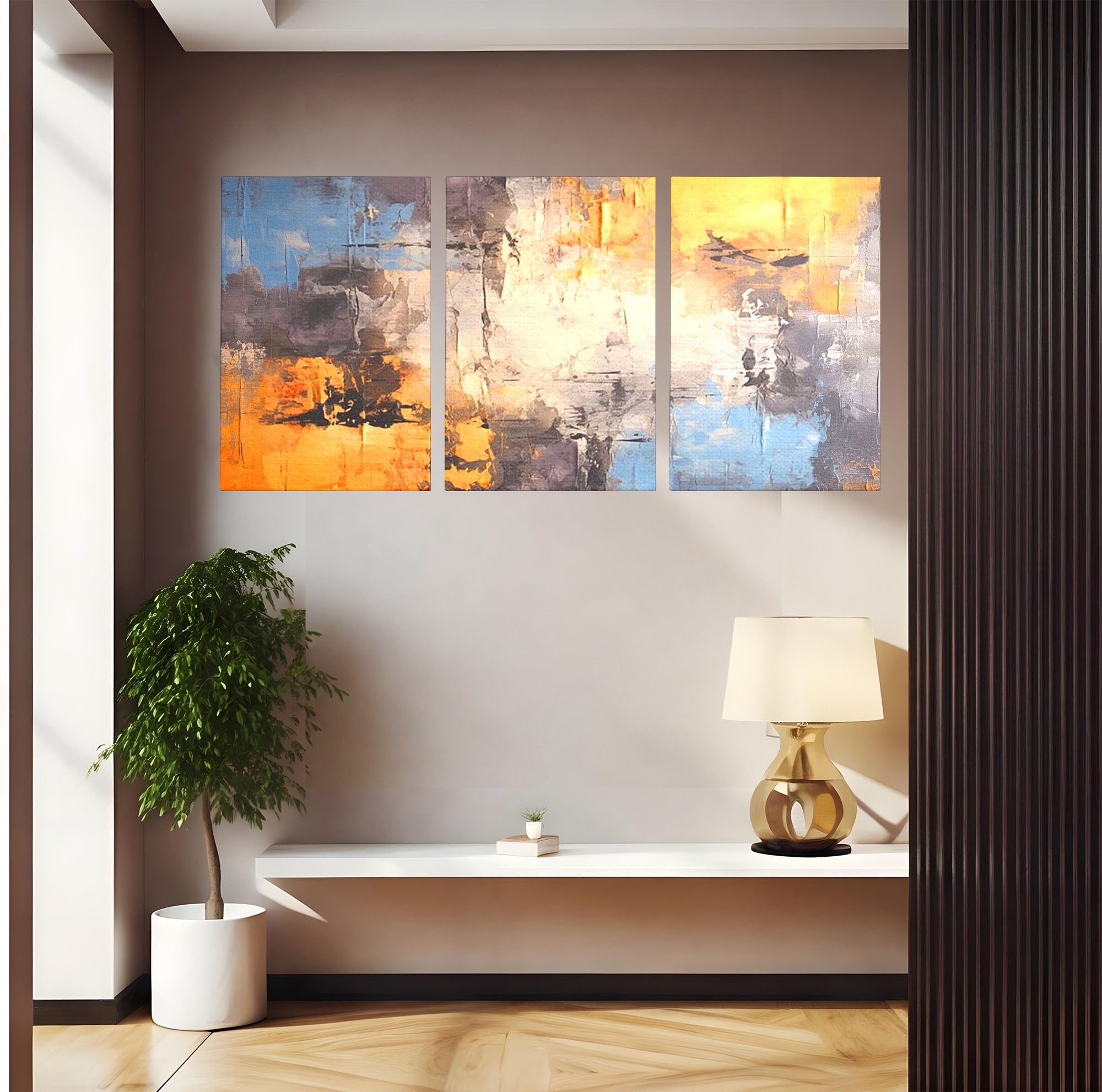 Set 3 Tablouri Canvas Premium LuxCanva® C3-1317, Hotarul Nevazut, Culori, Abstract, Dinamism, Modern, Portocaliu, Ecou, Soare, Timp, Poveste, Cer, Arhitectural, Idei, Dorinta, Birou, Living, Dormitor