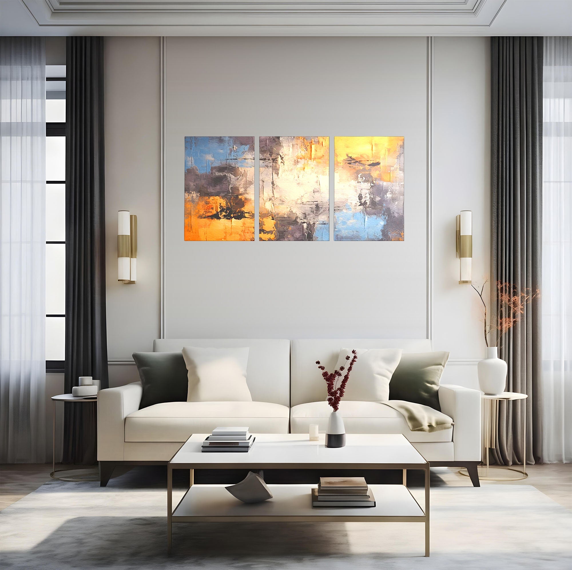 Set 3 Tablouri Canvas Premium LuxCanva® C3-1317, Hotarul Nevazut, Culori, Abstract, Dinamism, Modern, Portocaliu, Ecou, Soare, Timp, Poveste, Cer, Arhitectural, Idei, Dorinta, Birou, Living, Dormitor