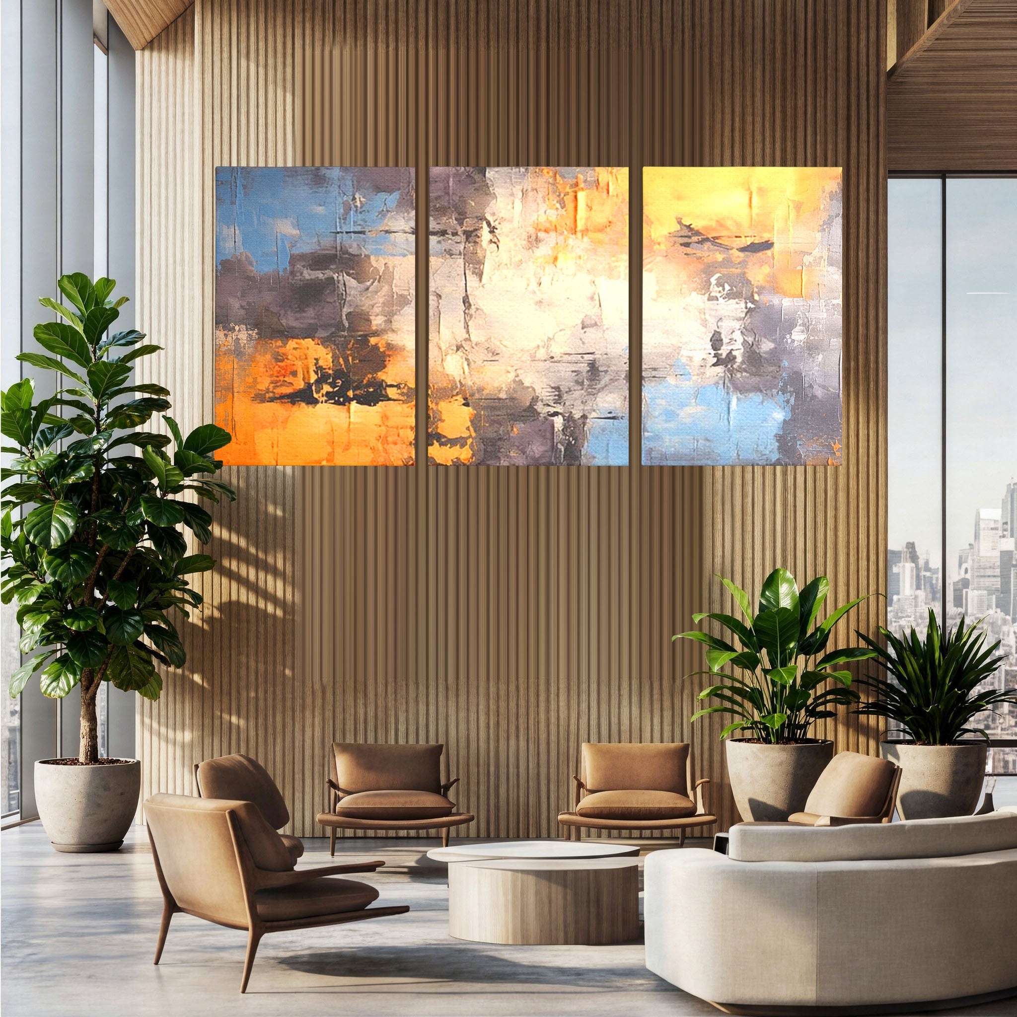 Set 3 Tablouri Canvas Premium LuxCanva® C3-1317, Hotarul Nevazut, Culori, Abstract, Dinamism, Modern, Portocaliu, Ecou, Soare, Timp, Poveste, Cer, Arhitectural, Idei, Dorinta, Birou, Living, Dormitor