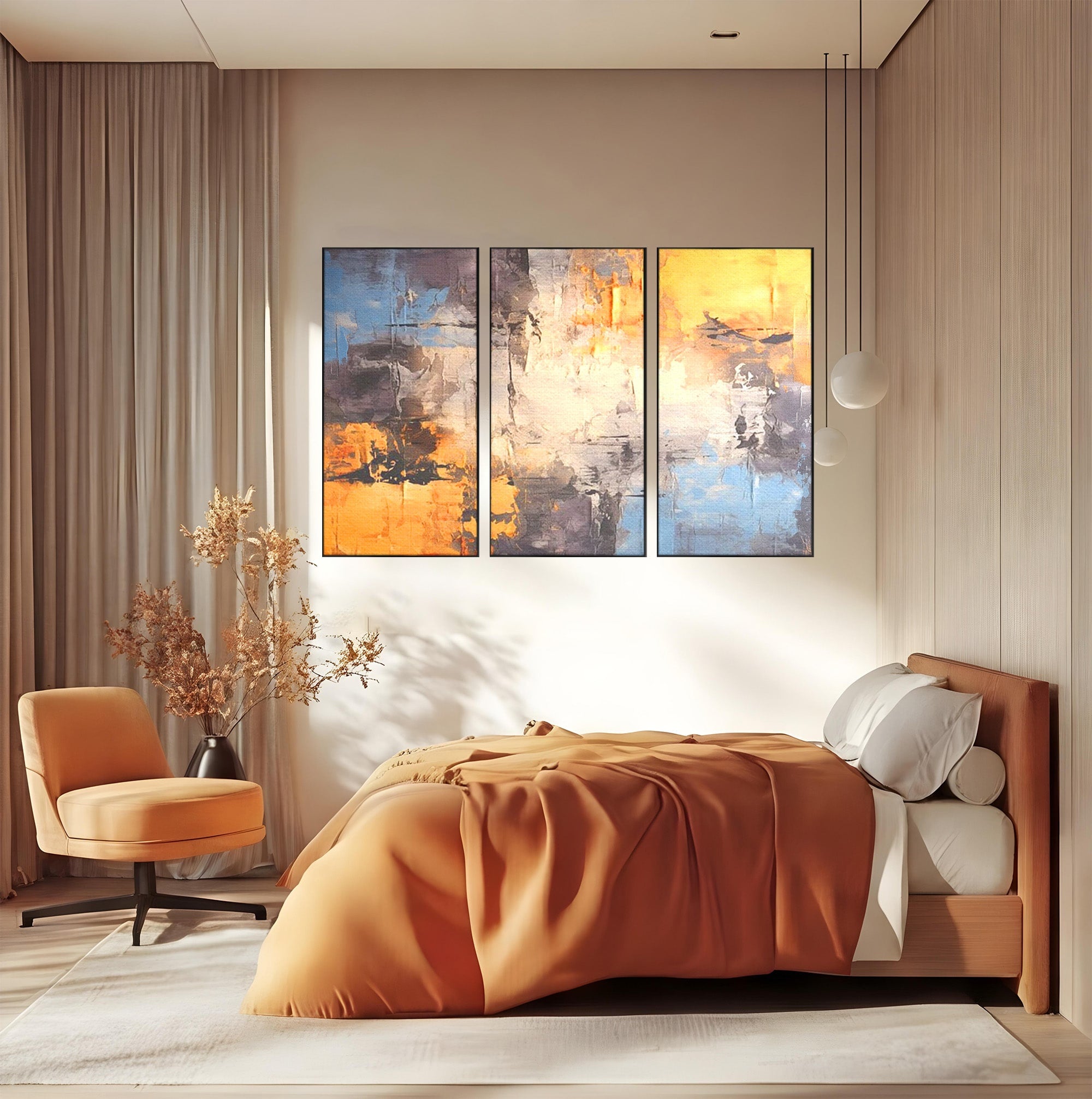 Set 3 Tablouri Canvas Premium LuxCanva® C3-1317, Hotarul Nevazut, Culori, Abstract, Dinamism, Modern, Portocaliu, Ecou, Soare, Timp, Poveste, Cer, Arhitectural, Idei, Dorinta, Birou, Living, Dormitor