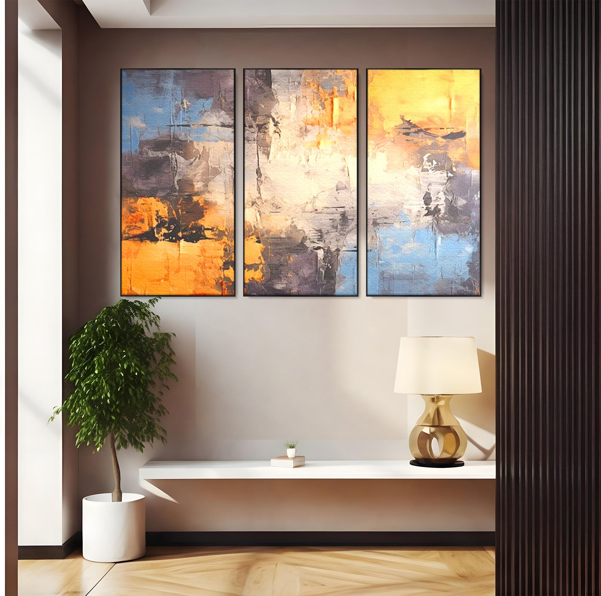 Set 3 Tablouri Canvas Premium LuxCanva® C3-1317, Hotarul Nevazut, Culori, Abstract, Dinamism, Modern, Portocaliu, Ecou, Soare, Timp, Poveste, Cer, Arhitectural, Idei, Dorinta, Birou, Living, Dormitor
