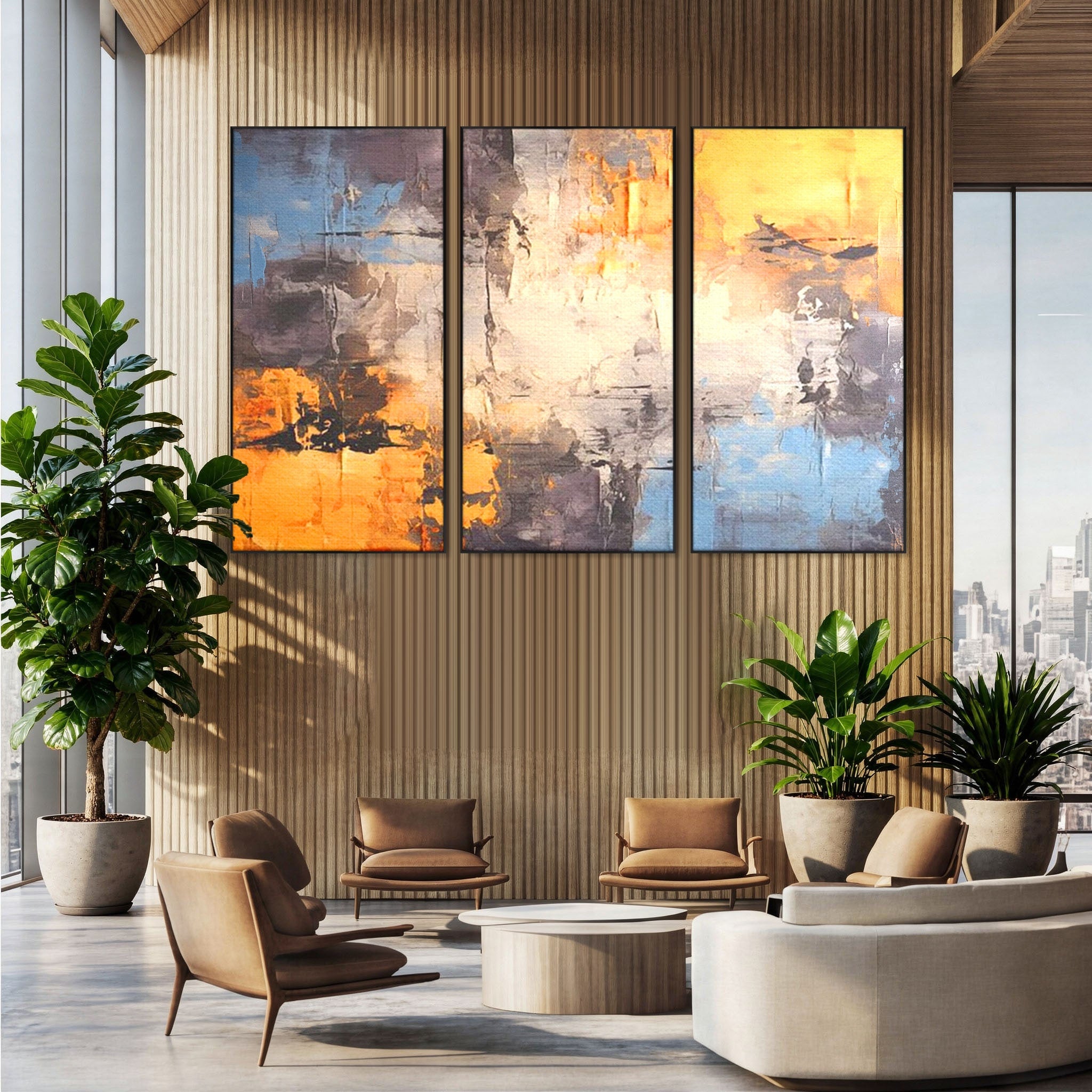 Set 3 Tablouri Canvas Premium LuxCanva® C3-1317, Hotarul Nevazut, Culori, Abstract, Dinamism, Modern, Portocaliu, Ecou, Soare, Timp, Poveste, Cer, Arhitectural, Idei, Dorinta, Birou, Living, Dormitor