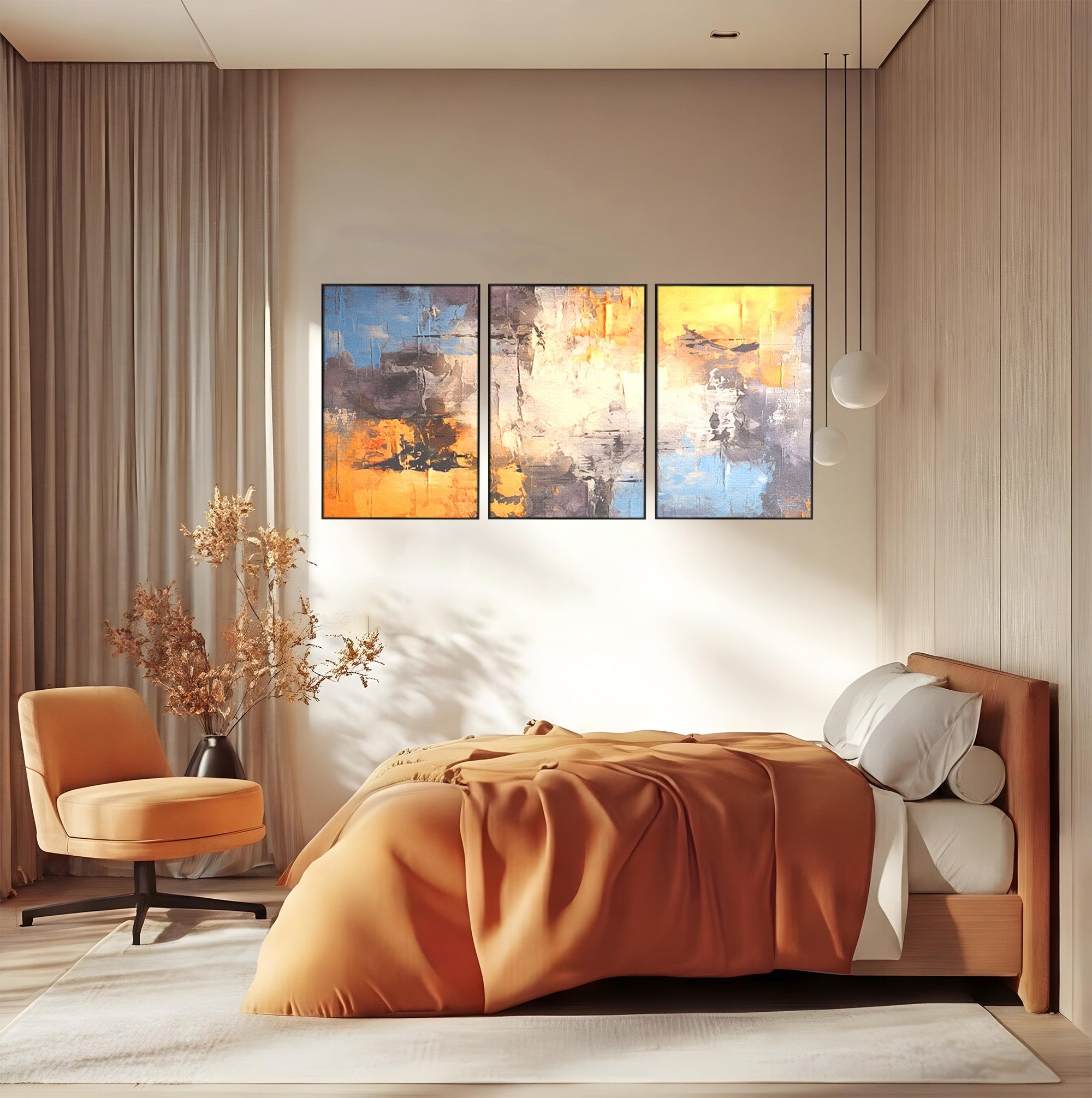 Set 3 Tablouri Canvas Premium LuxCanva® C3-1317, Hotarul Nevazut, Culori, Abstract, Dinamism, Modern, Portocaliu, Ecou, Soare, Timp, Poveste, Cer, Arhitectural, Idei, Dorinta, Birou, Living, Dormitor