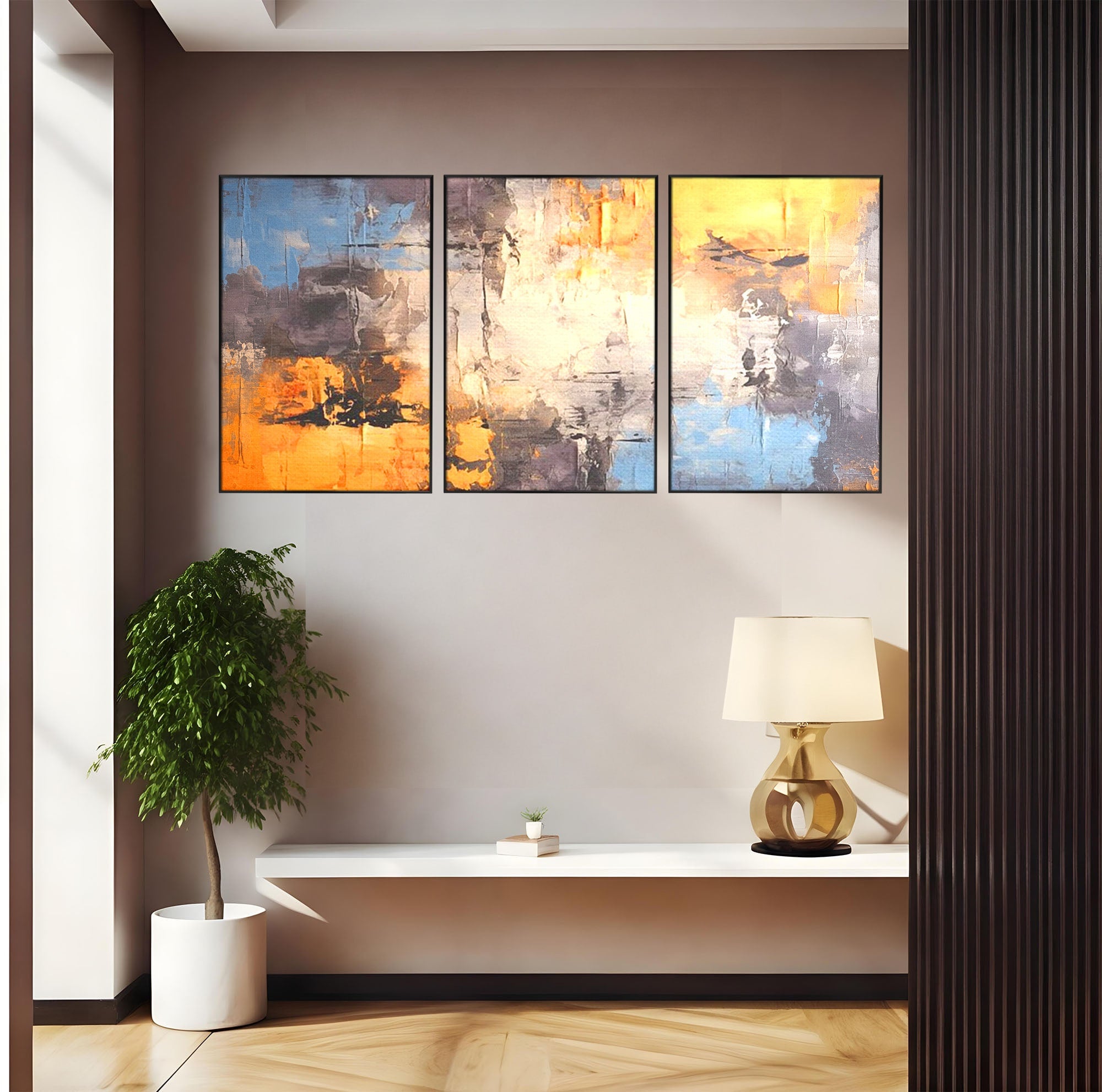 Set 3 Tablouri Canvas Premium LuxCanva® C3-1317, Hotarul Nevazut, Culori, Abstract, Dinamism, Modern, Portocaliu, Ecou, Soare, Timp, Poveste, Cer, Arhitectural, Idei, Dorinta, Birou, Living, Dormitor