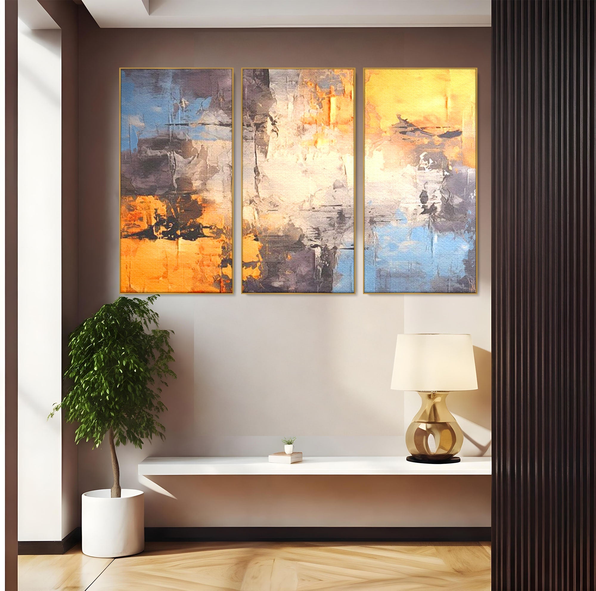 Set 3 Tablouri Canvas Premium LuxCanva® C3-1317, Hotarul Nevazut, Culori, Abstract, Dinamism, Modern, Portocaliu, Ecou, Soare, Timp, Poveste, Cer, Arhitectural, Idei, Dorinta, Birou, Living, Dormitor