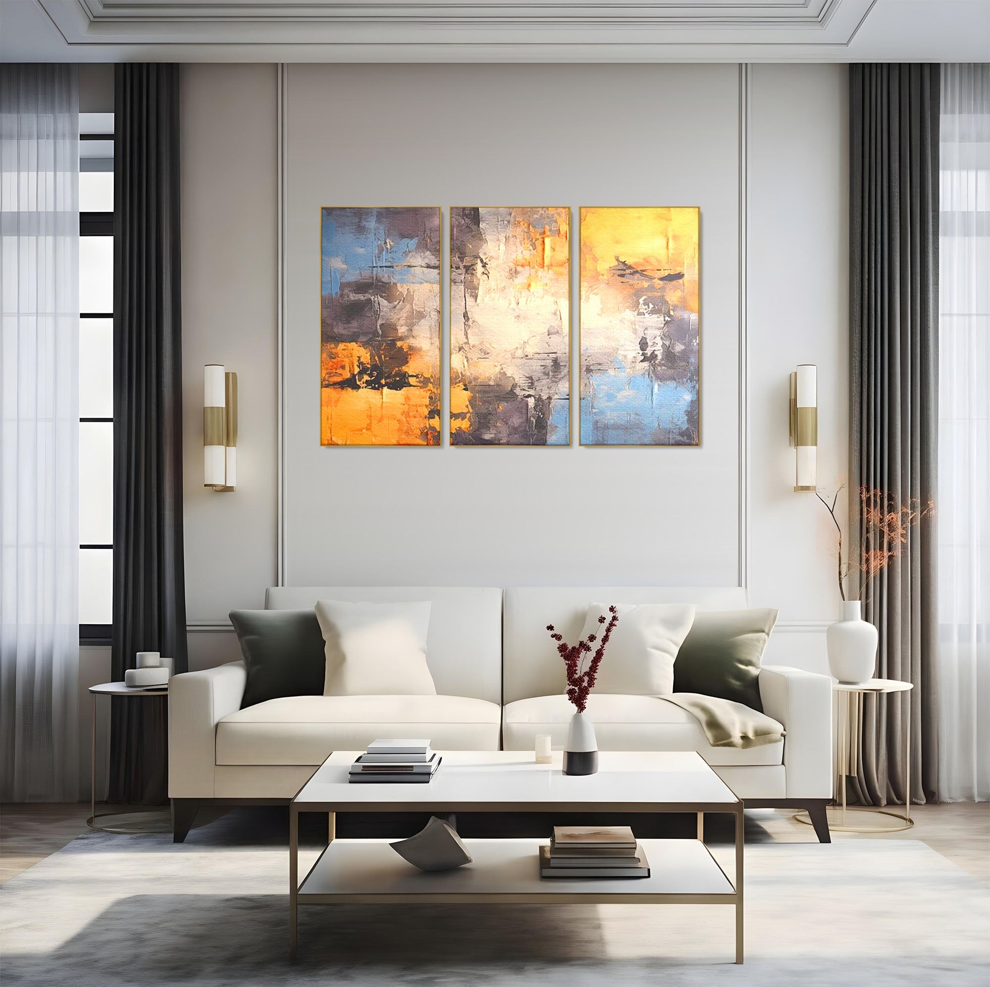 Set 3 Tablouri Canvas Premium LuxCanva® C3-1317, Hotarul Nevazut, Culori, Abstract, Dinamism, Modern, Portocaliu, Ecou, Soare, Timp, Poveste, Cer, Arhitectural, Idei, Dorinta, Birou, Living, Dormitor
