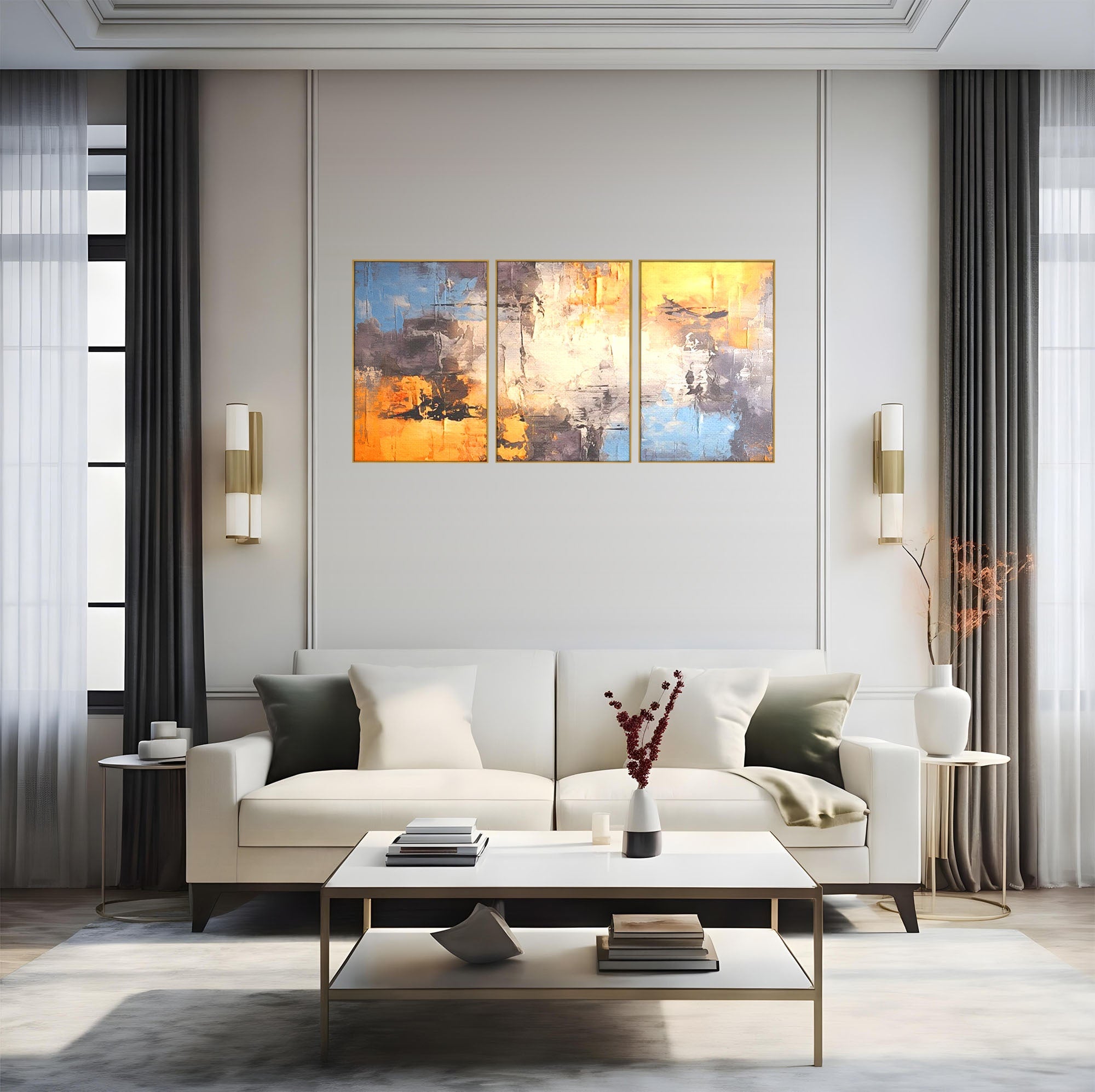 Set 3 Tablouri Canvas Premium LuxCanva® C3-1317, Hotarul Nevazut, Culori, Abstract, Dinamism, Modern, Portocaliu, Ecou, Soare, Timp, Poveste, Cer, Arhitectural, Idei, Dorinta, Birou, Living, Dormitor