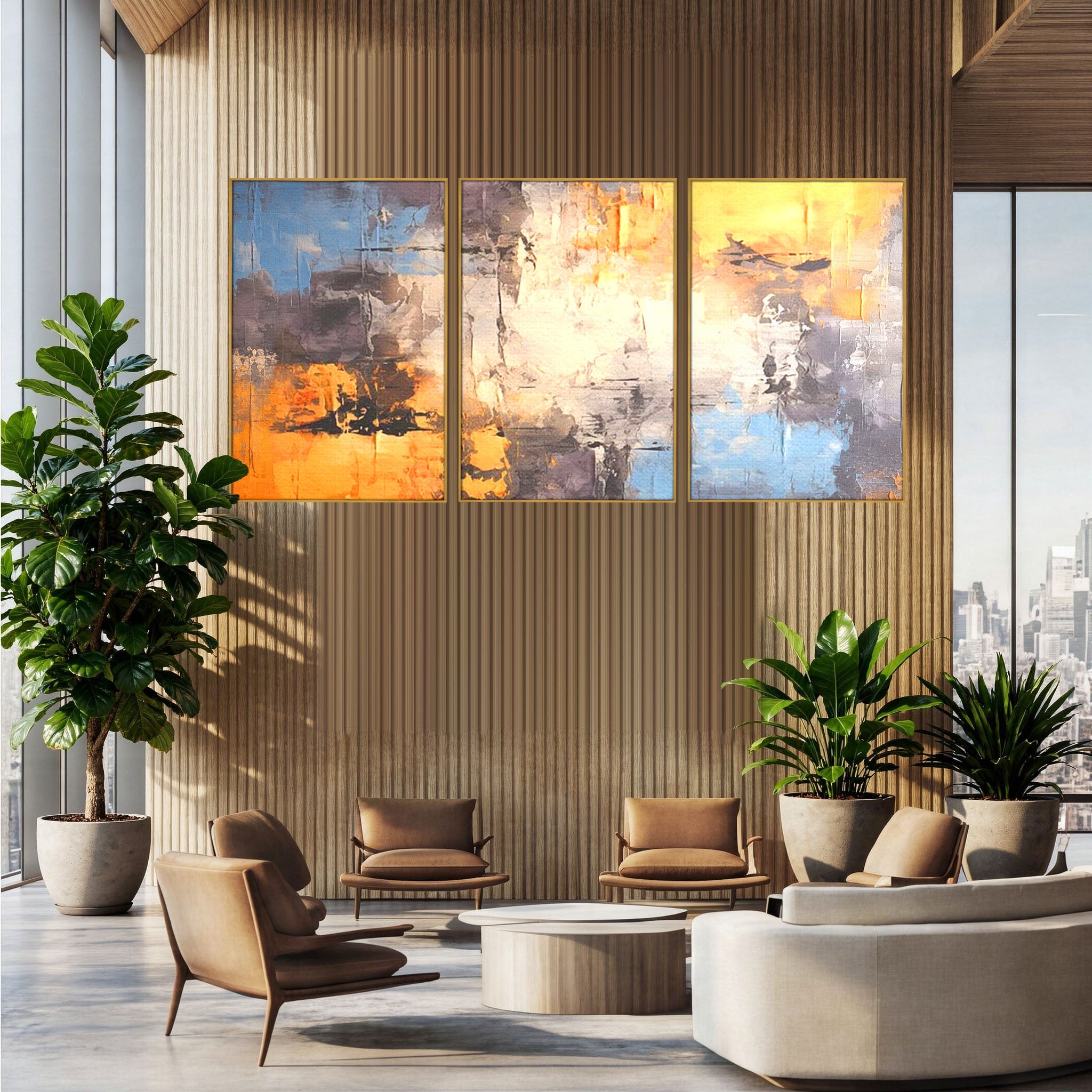 Set 3 Tablouri Canvas Premium LuxCanva® C3-1317, Hotarul Nevazut, Culori, Abstract, Dinamism, Modern, Portocaliu, Ecou, Soare, Timp, Poveste, Cer, Arhitectural, Idei, Dorinta, Birou, Living, Dormitor
