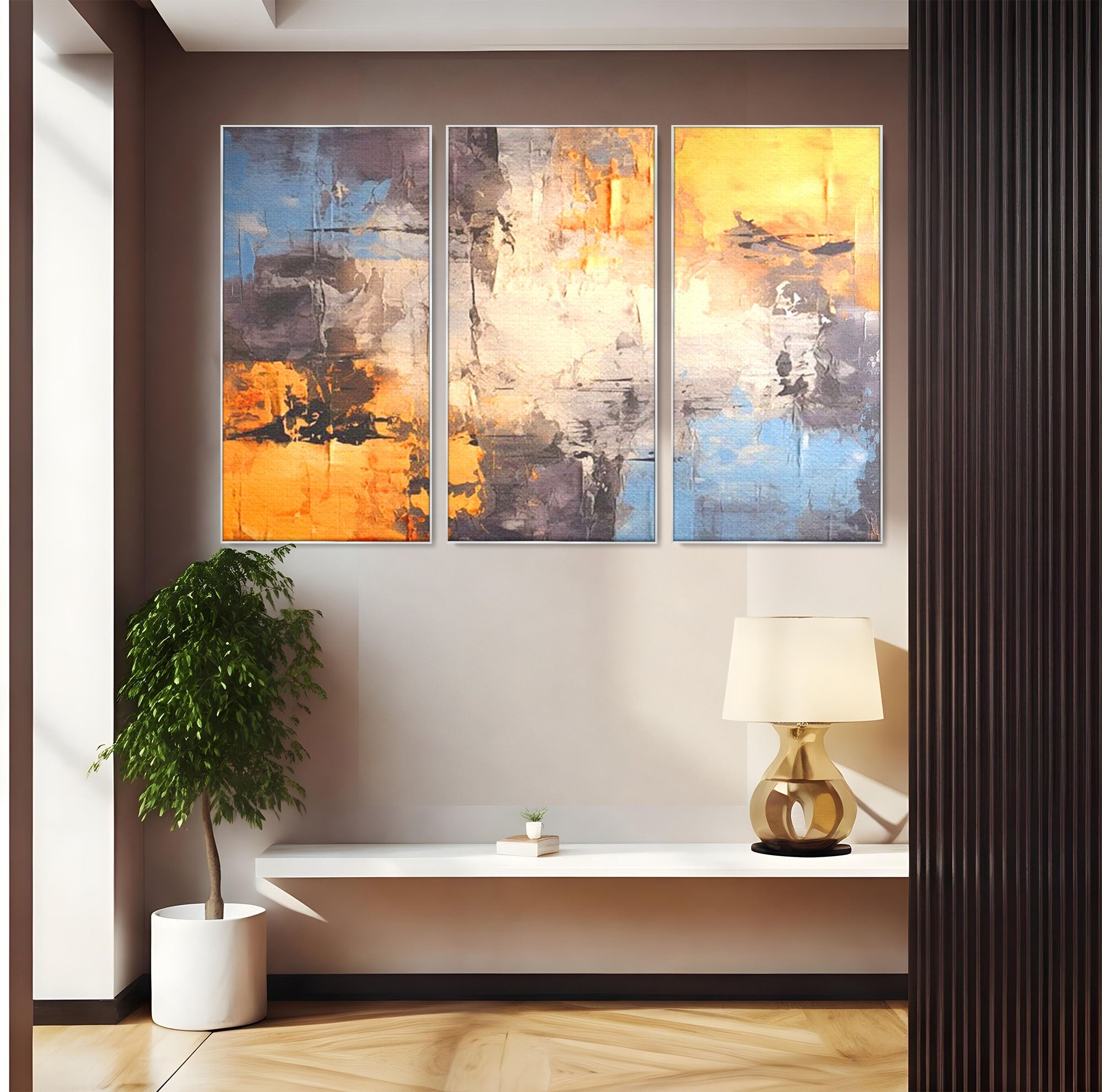 Set 3 Tablouri Canvas Premium LuxCanva® C3-1317, Hotarul Nevazut, Culori, Abstract, Dinamism, Modern, Portocaliu, Ecou, Soare, Timp, Poveste, Cer, Arhitectural, Idei, Dorinta, Birou, Living, Dormitor