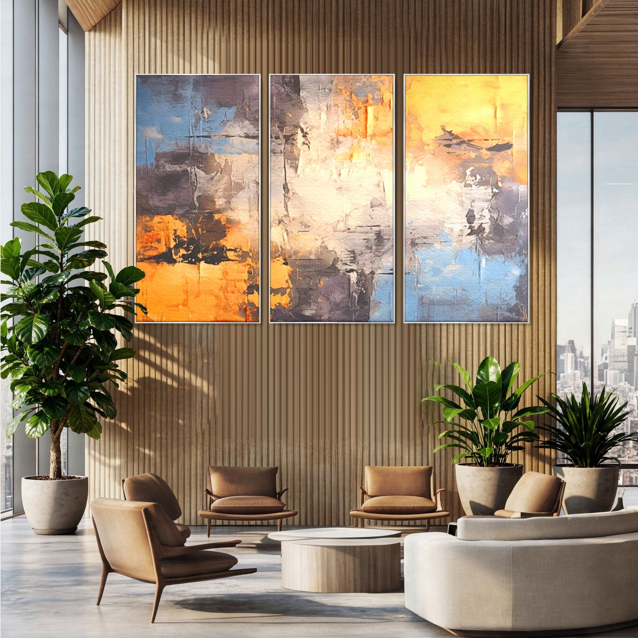 Set 3 Tablouri Canvas Premium LuxCanva® C3-1317, Hotarul Nevazut, Culori, Abstract, Dinamism, Modern, Portocaliu, Ecou, Soare, Timp, Poveste, Cer, Arhitectural, Idei, Dorinta, Birou, Living, Dormitor