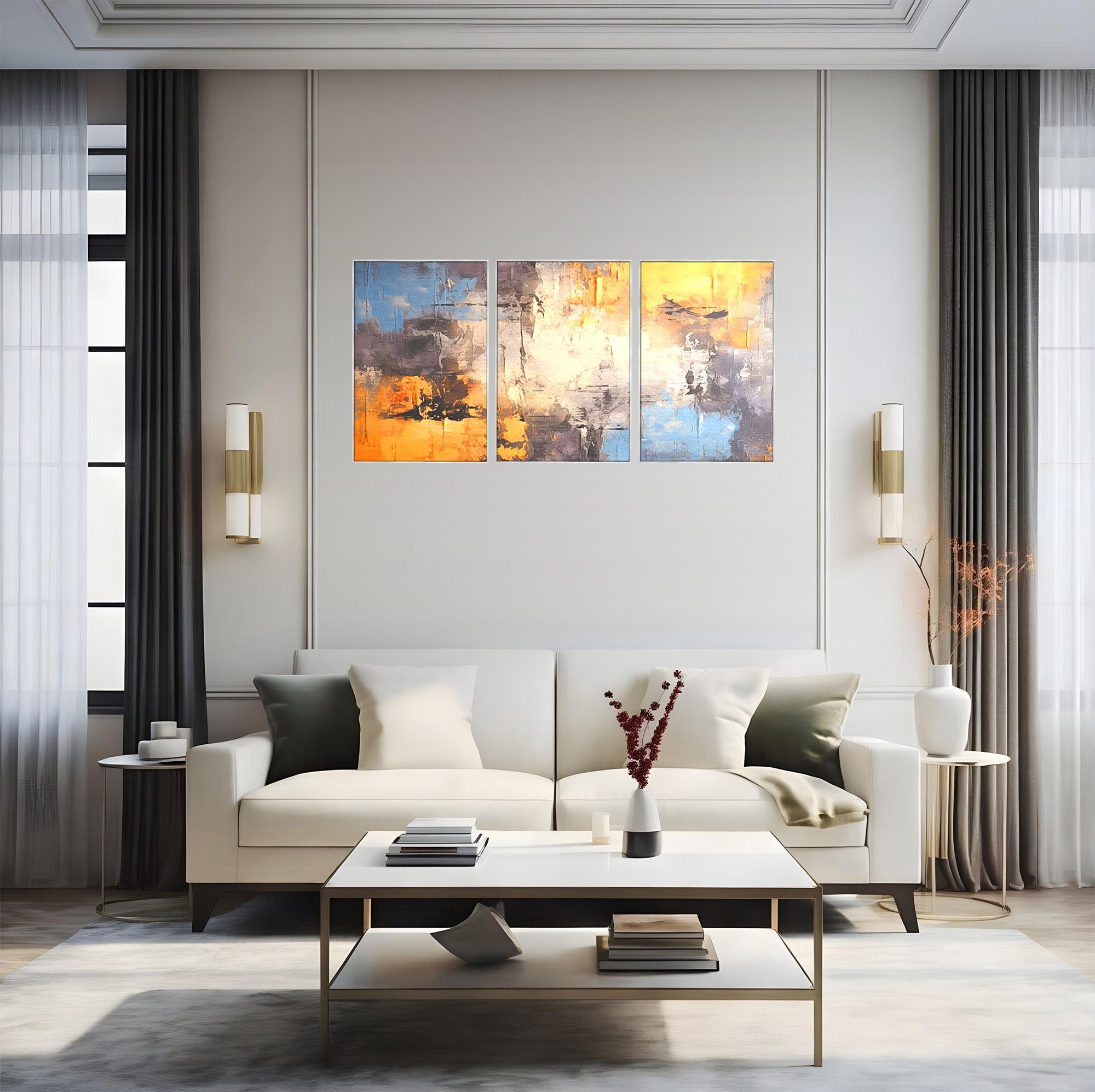 Set 3 Tablouri Canvas Premium LuxCanva® C3-1317, Hotarul Nevazut, Culori, Abstract, Dinamism, Modern, Portocaliu, Ecou, Soare, Timp, Poveste, Cer, Arhitectural, Idei, Dorinta, Birou, Living, Dormitor
