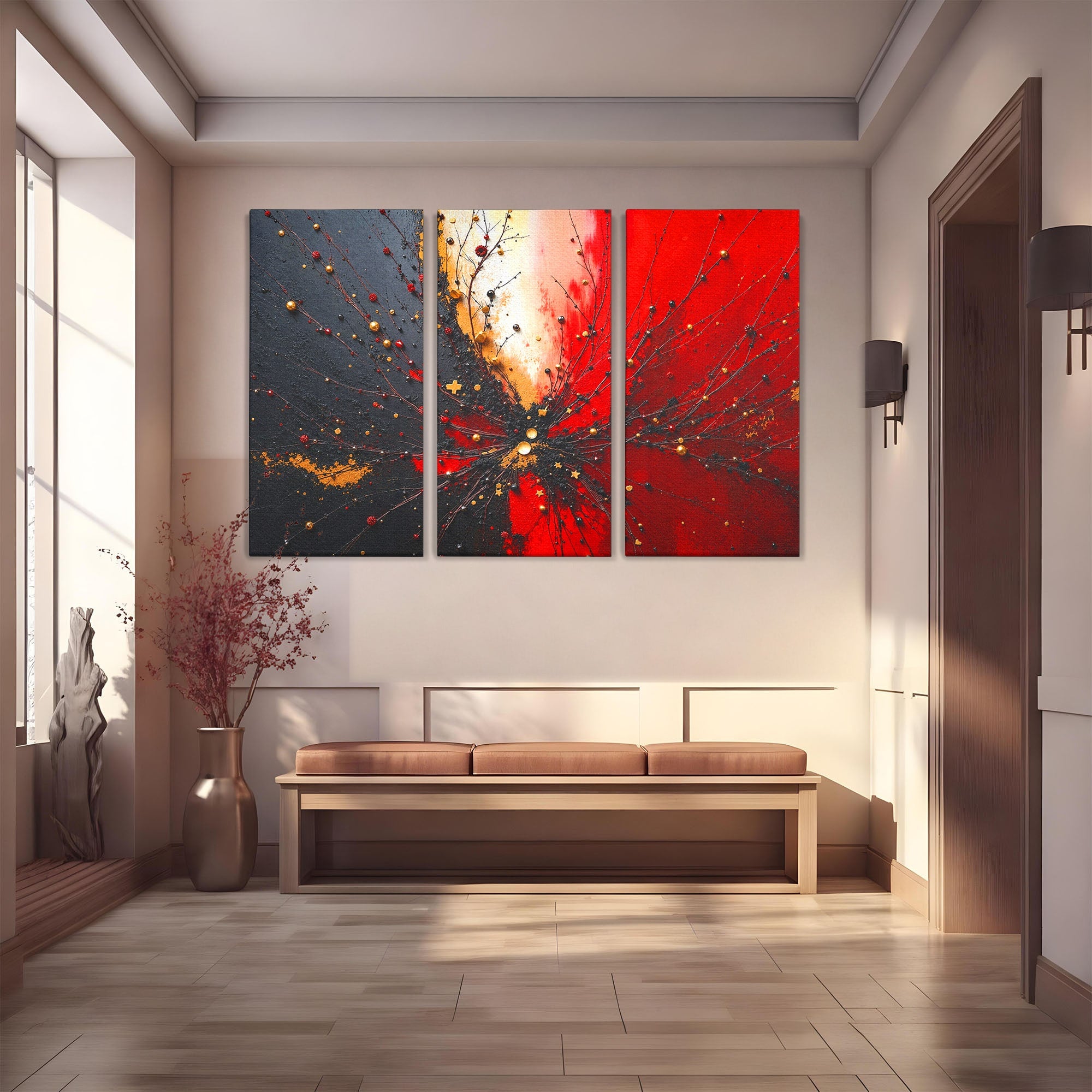 Set 3 Tablouri Canvas Premium LuxCanva® C3-1326, Explozie Abstracta, Abstract, Arta Contemporana, Explozie, Dynamic, Living, Culori Vibrante