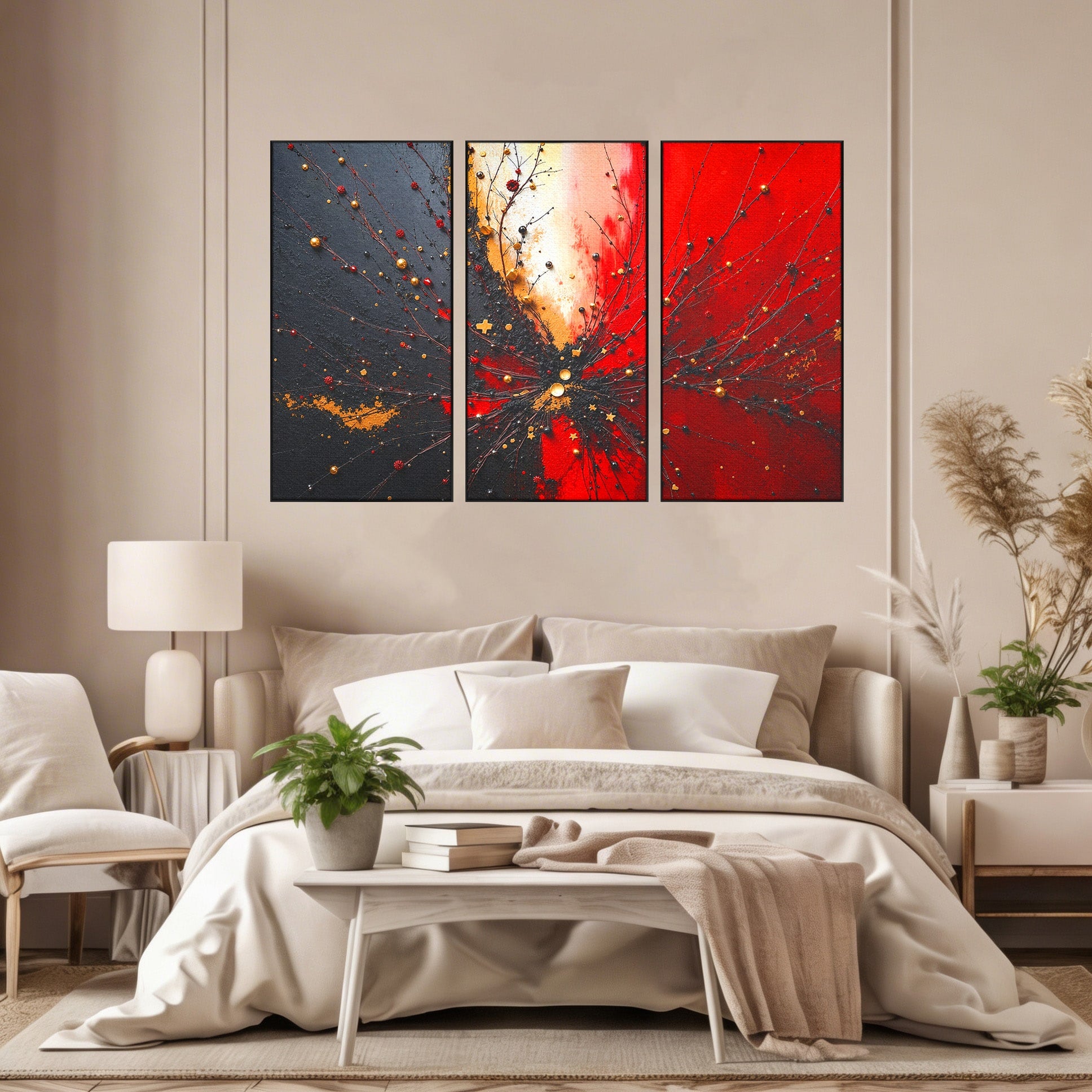Set 3 Tablouri Canvas Premium LuxCanva® C3-1326, Explozie Abstracta, Abstract, Arta Contemporana, Explozie, Dynamic, Living, Culori Vibrante
