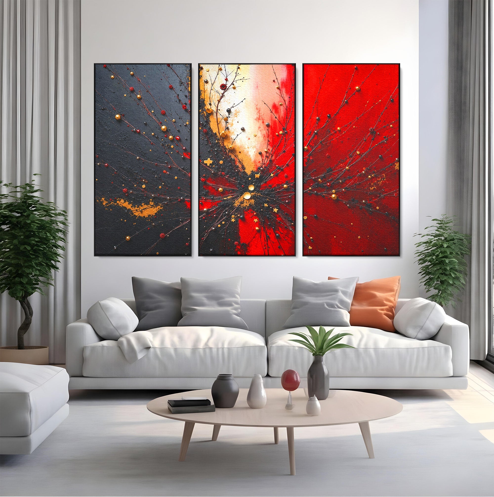 Set 3 Tablouri Canvas Premium LuxCanva® C3-1326, Explozie Abstracta, Abstract, Arta Contemporana, Explozie, Dynamic, Living, Culori Vibrante