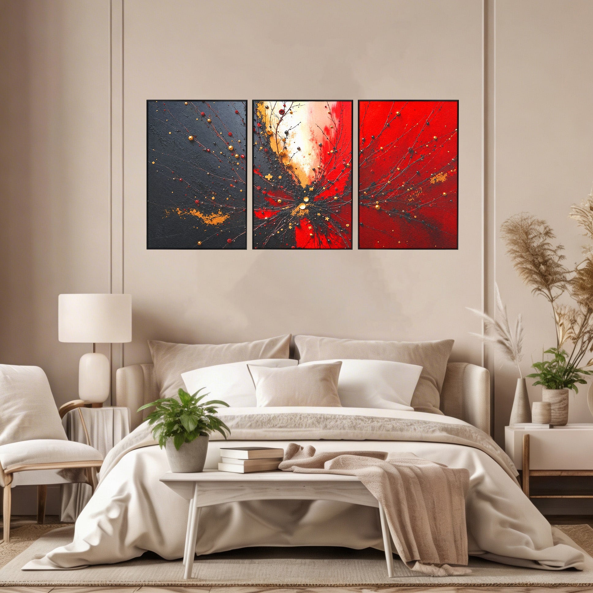 Set 3 Tablouri Canvas Premium LuxCanva® C3-1326, Explozie Abstracta, Abstract, Arta Contemporana, Explozie, Dynamic, Living, Culori Vibrante