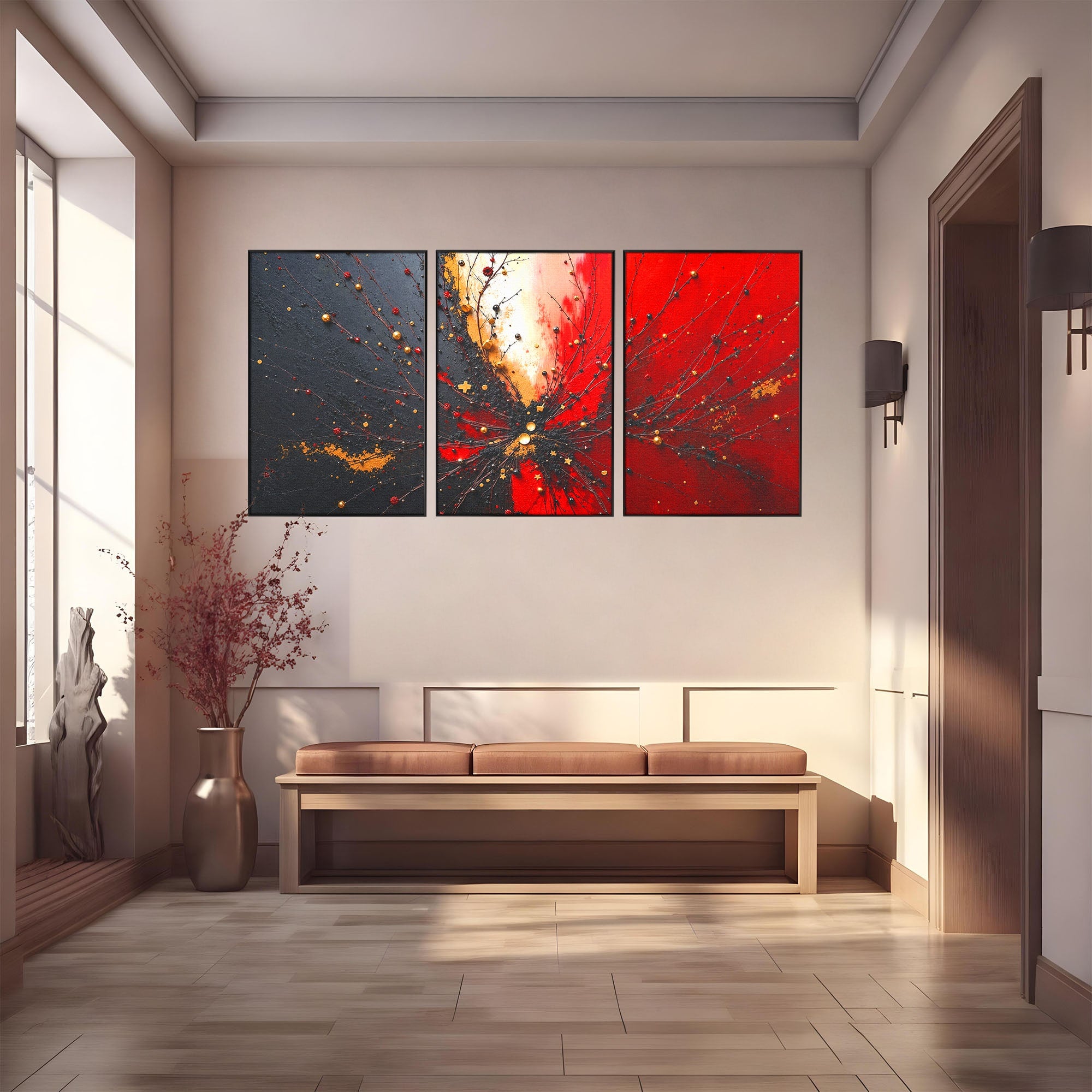 Set 3 Tablouri Canvas Premium LuxCanva® C3-1326, Explozie Abstracta, Abstract, Arta Contemporana, Explozie, Dynamic, Living, Culori Vibrante