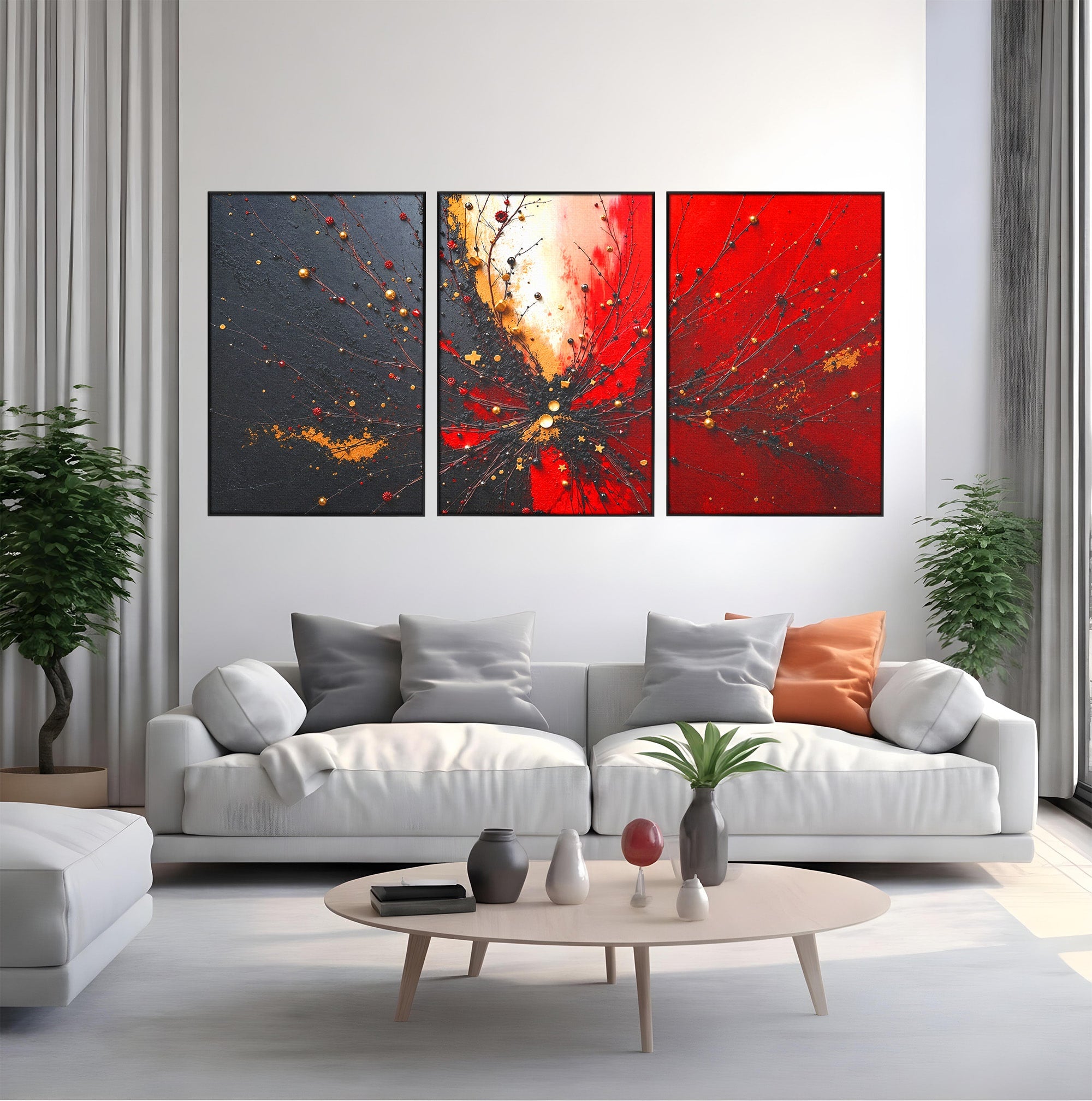 Set 3 Tablouri Canvas Premium LuxCanva® C3-1326, Explozie Abstracta, Abstract, Arta Contemporana, Explozie, Dynamic, Living, Culori Vibrante