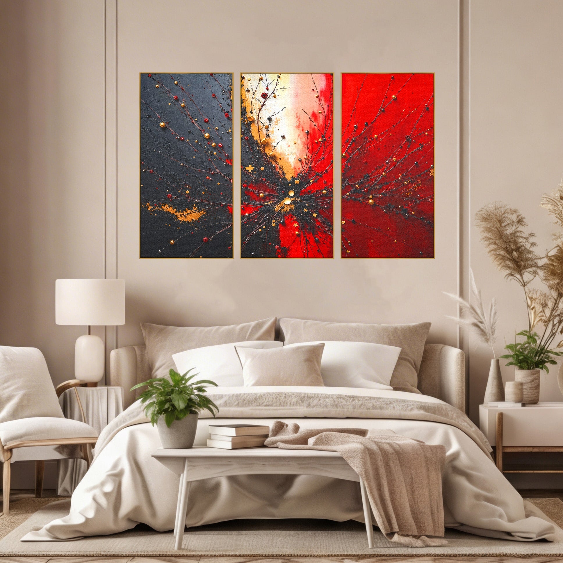 Set 3 Tablouri Canvas Premium LuxCanva® C3-1326, Explozie Abstracta, Abstract, Arta Contemporana, Explozie, Dynamic, Living, Culori Vibrante