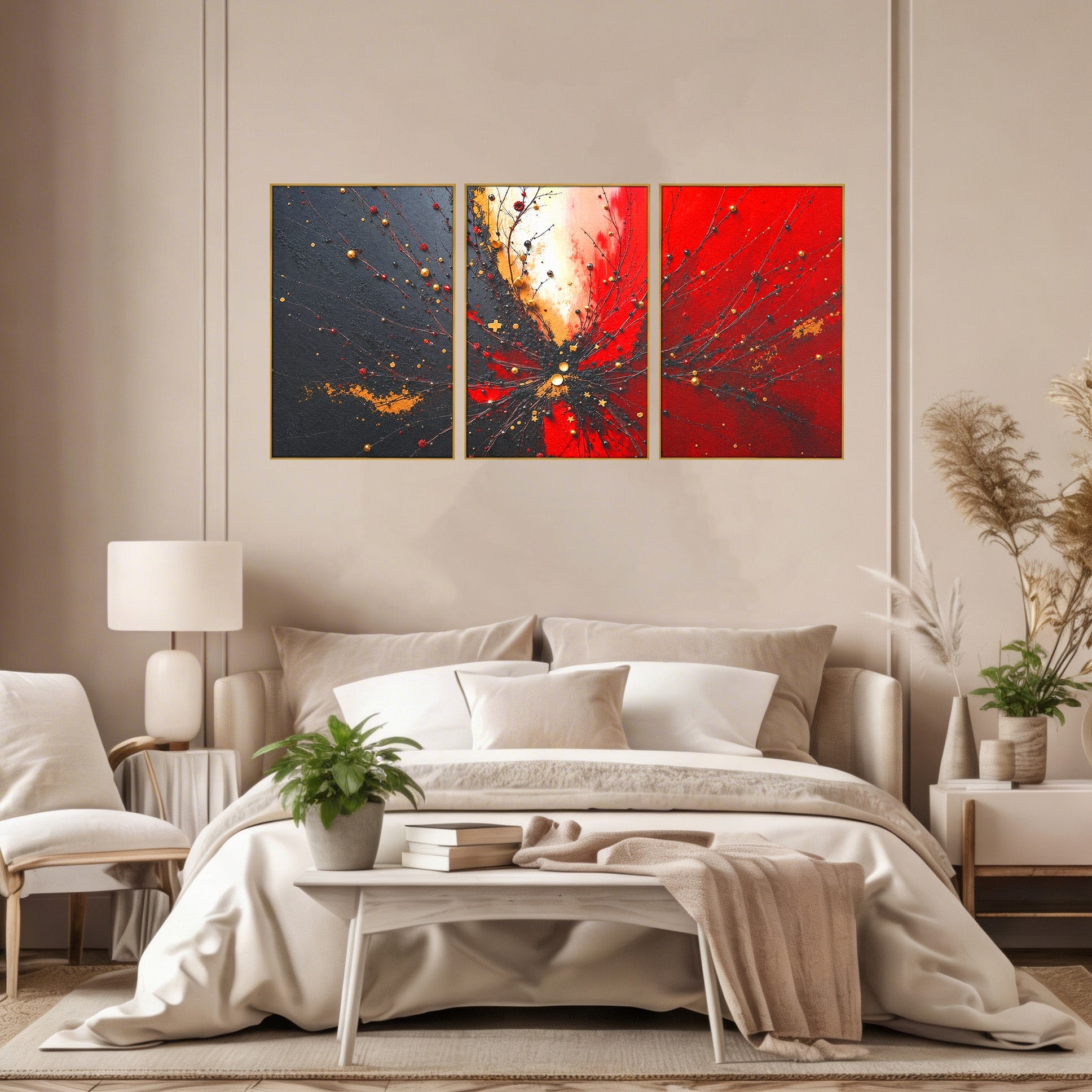 Set 3 Tablouri Canvas Premium LuxCanva® C3-1326, Explozie Abstracta, Abstract, Arta Contemporana, Explozie, Dynamic, Living, Culori Vibrante