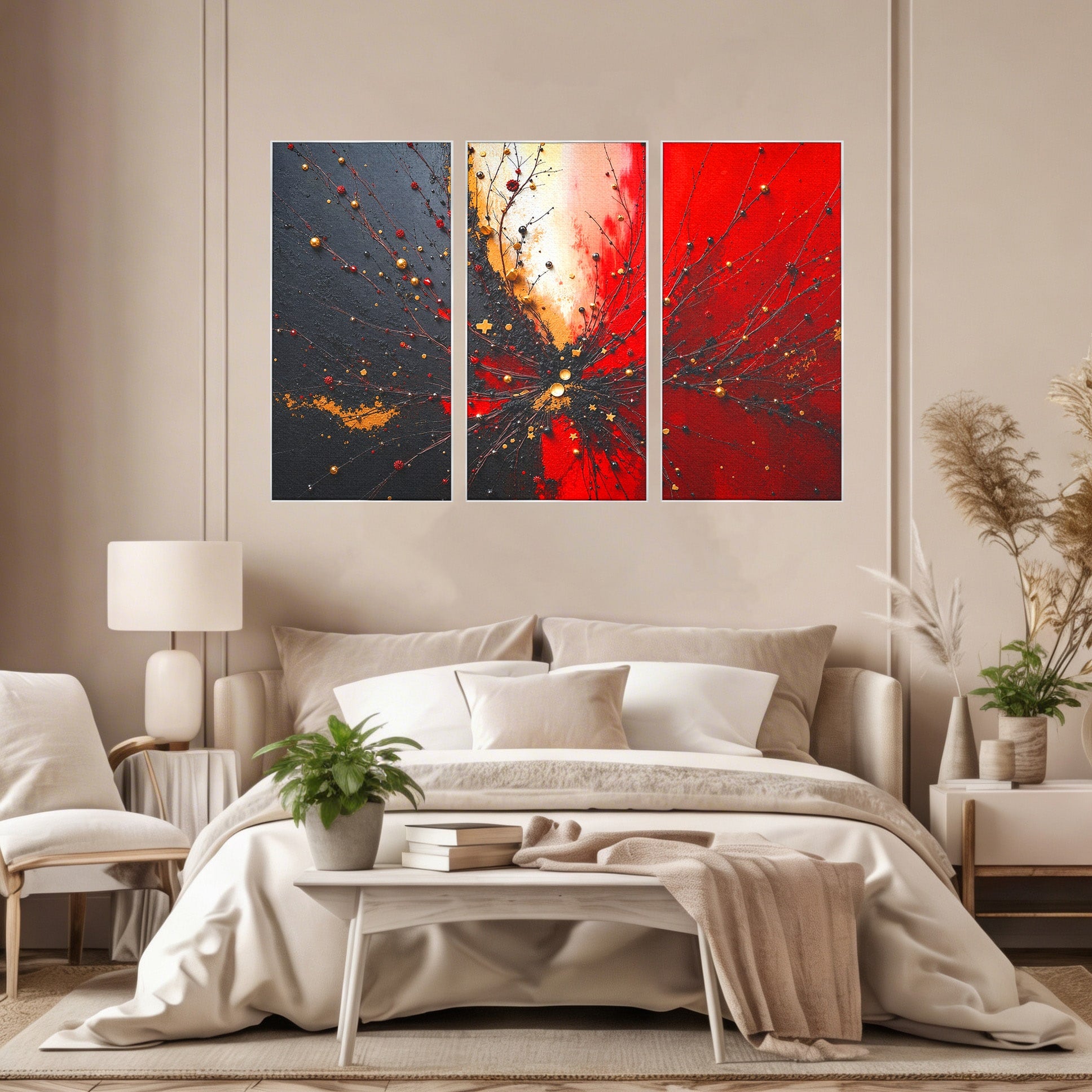 Set 3 Tablouri Canvas Premium LuxCanva® C3-1326, Explozie Abstracta, Abstract, Arta Contemporana, Explozie, Dynamic, Living, Culori Vibrante