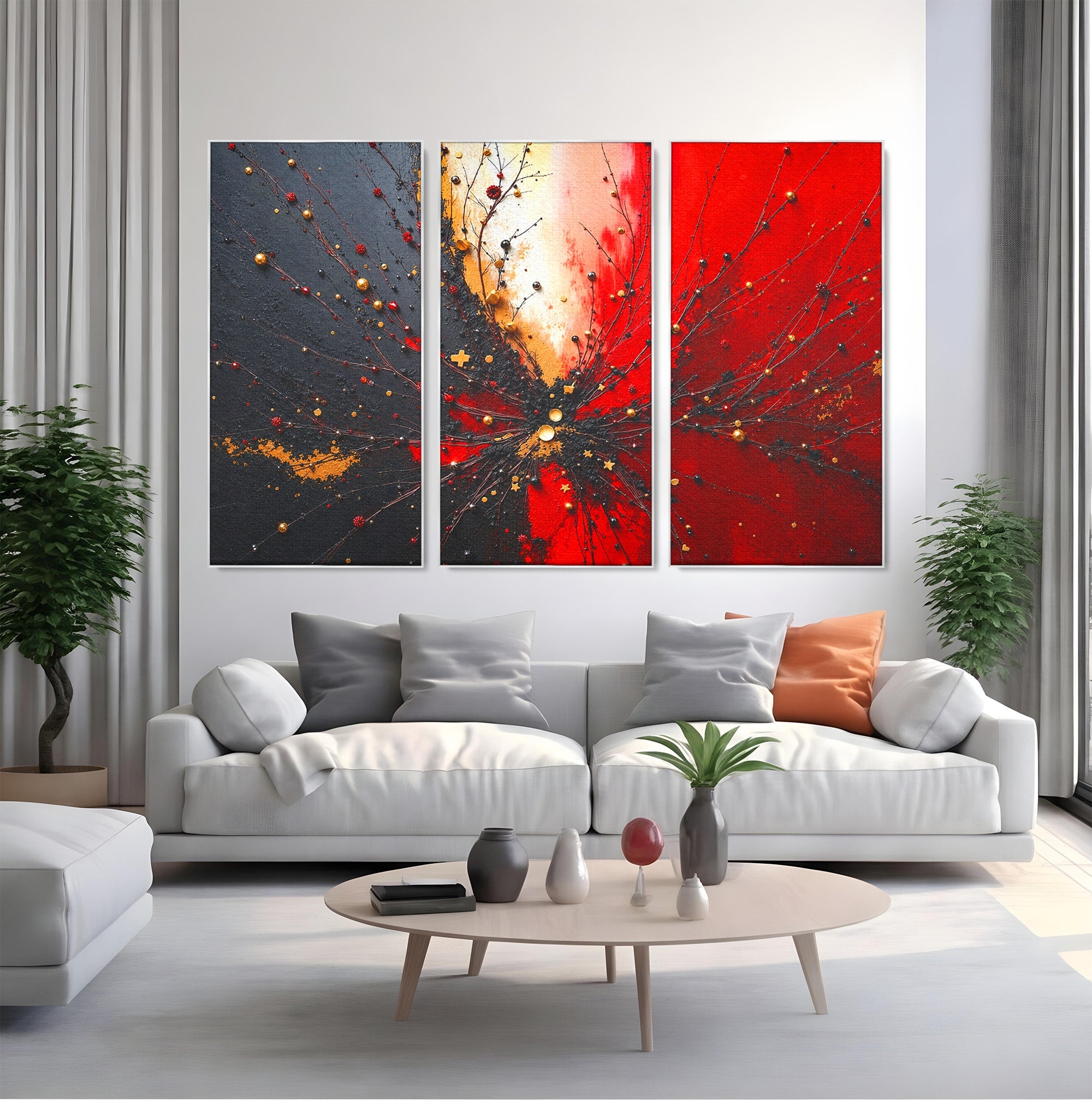 Set 3 Tablouri Canvas Premium LuxCanva® C3-1326, Explozie Abstracta, Abstract, Arta Contemporana, Explozie, Dynamic, Living, Culori Vibrante