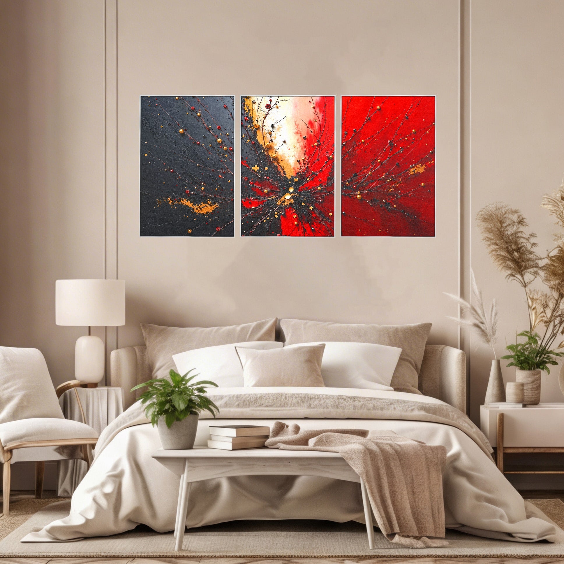Set 3 Tablouri Canvas Premium LuxCanva® C3-1326, Explozie Abstracta, Abstract, Arta Contemporana, Explozie, Dynamic, Living, Culori Vibrante