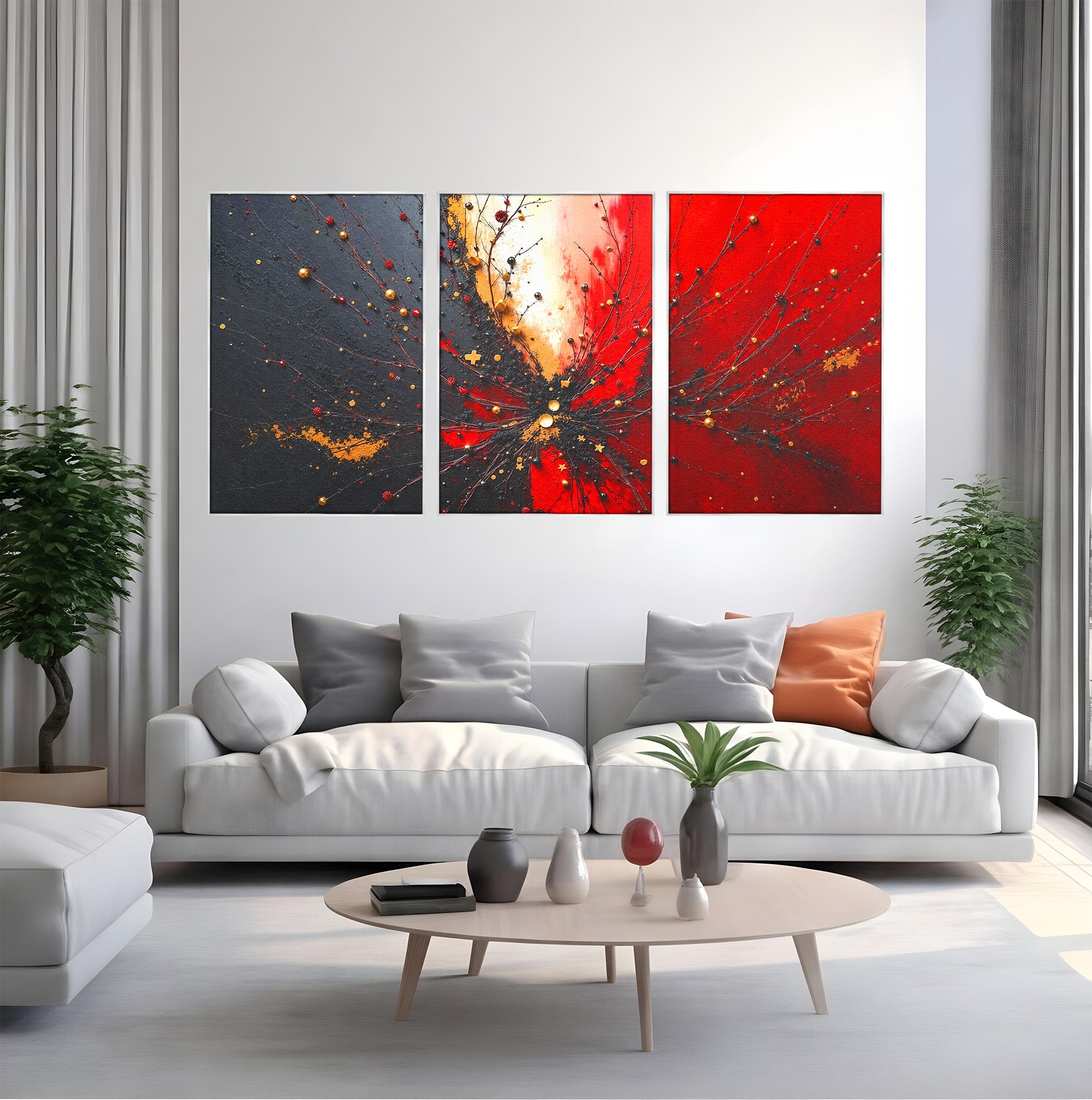 Set 3 Tablouri Canvas Premium LuxCanva® C3-1326, Explozie Abstracta, Abstract, Arta Contemporana, Explozie, Dynamic, Living, Culori Vibrante