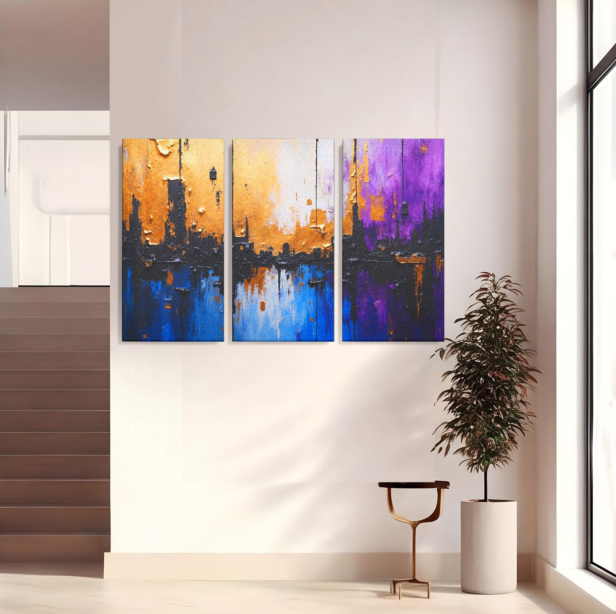 Set 3 Tablouri Canvas Premium LuxCanva® C3-1329, Orasul Abstract, Oras, Abstract, Peisaj Urban, Modern, Living, Culori Vibrante
