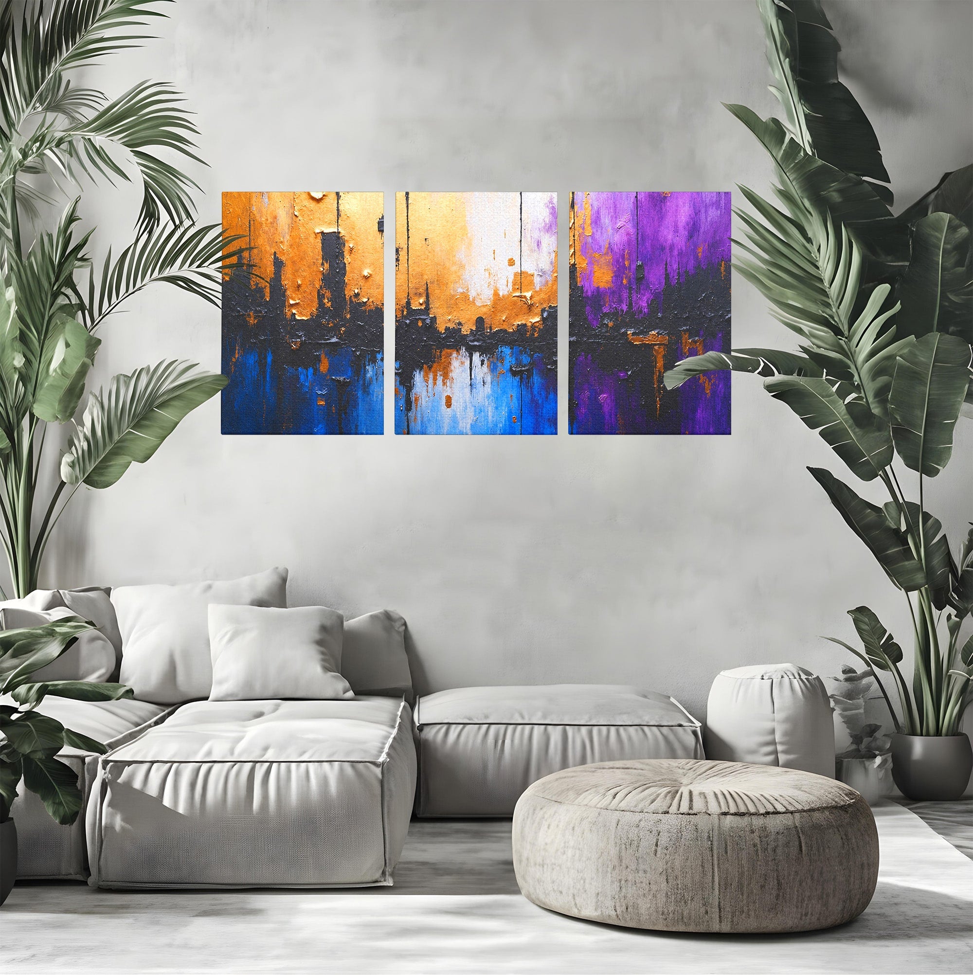 Set 3 Tablouri Canvas Premium LuxCanva® C3-1329, Orasul Abstract, Oras, Abstract, Peisaj Urban, Modern, Living, Culori Vibrante