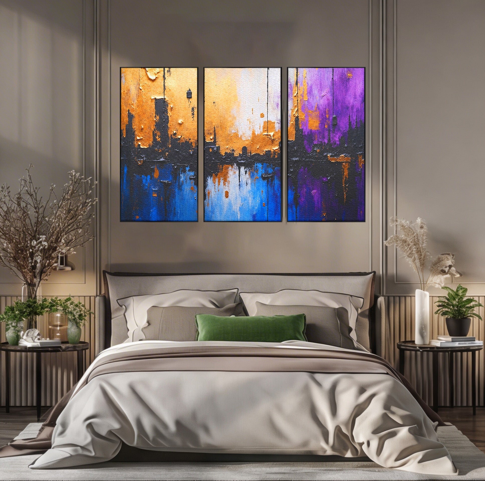 Set 3 Tablouri Canvas Premium LuxCanva® C3-1329, Orasul Abstract, Oras, Abstract, Peisaj Urban, Modern, Living, Culori Vibrante