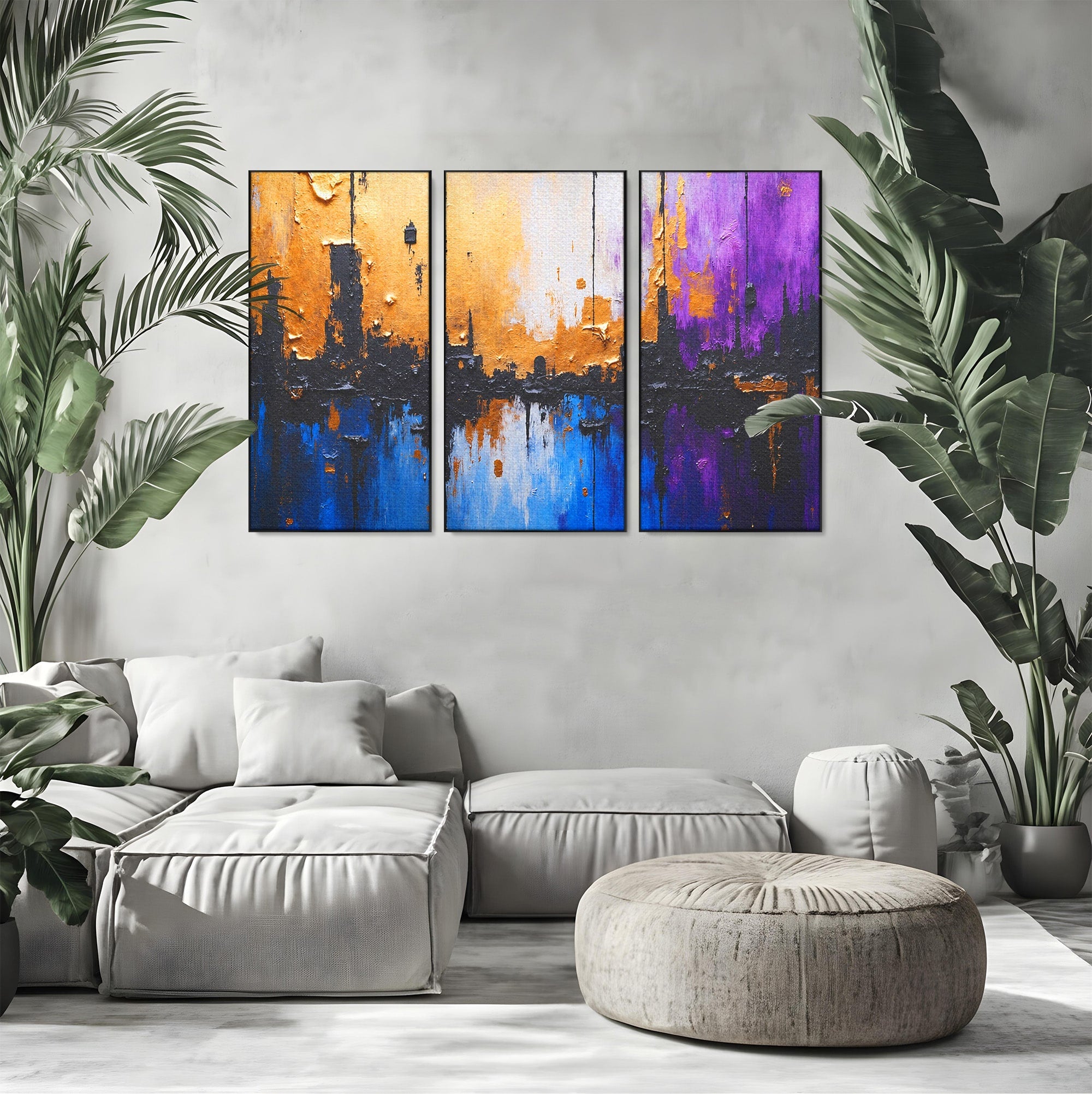 Set 3 Tablouri Canvas Premium LuxCanva® C3-1329, Orasul Abstract, Oras, Abstract, Peisaj Urban, Modern, Living, Culori Vibrante