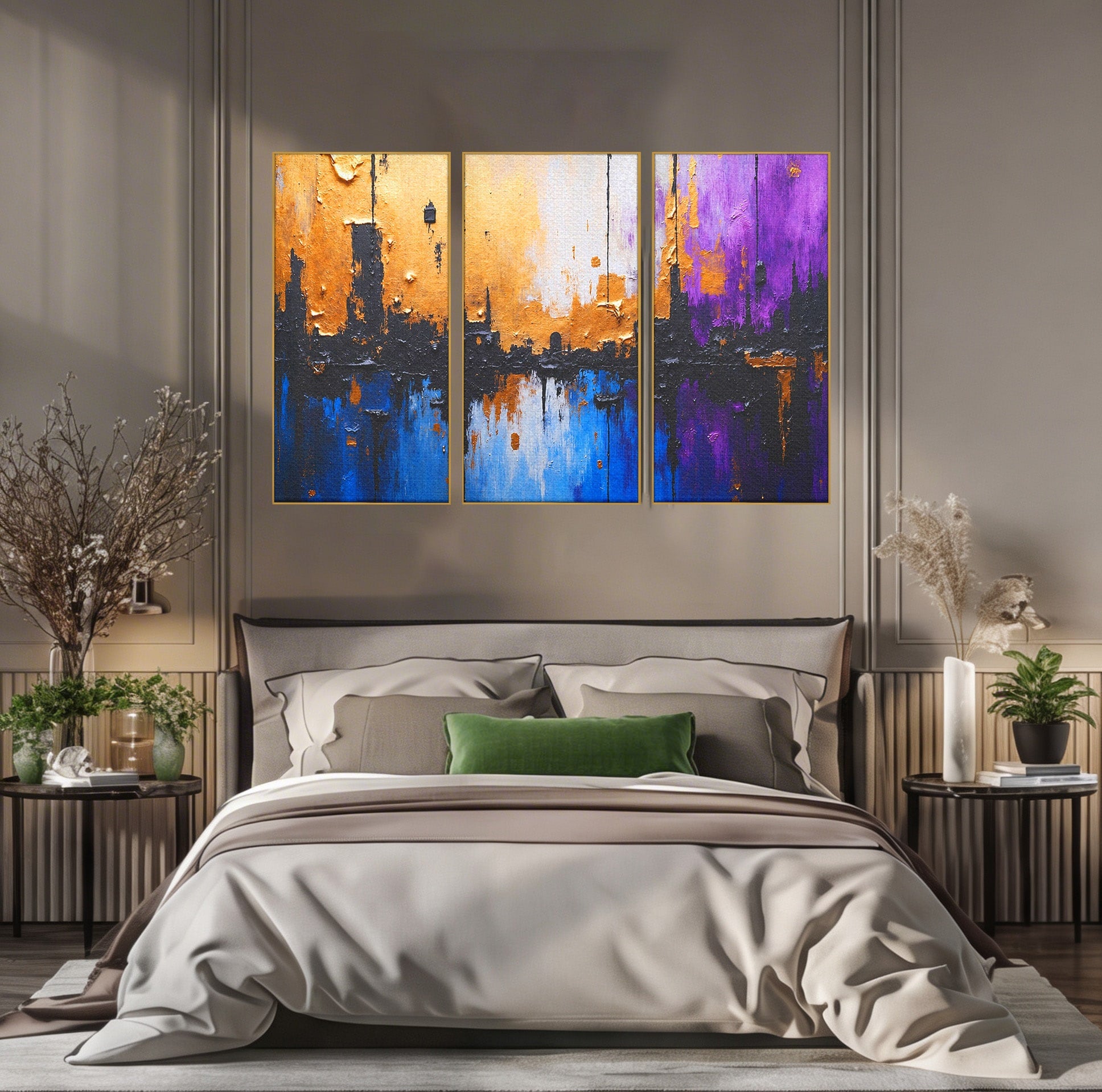 Set 3 Tablouri Canvas Premium LuxCanva® C3-1329, Orasul Abstract, Oras, Abstract, Peisaj Urban, Modern, Living, Culori Vibrante