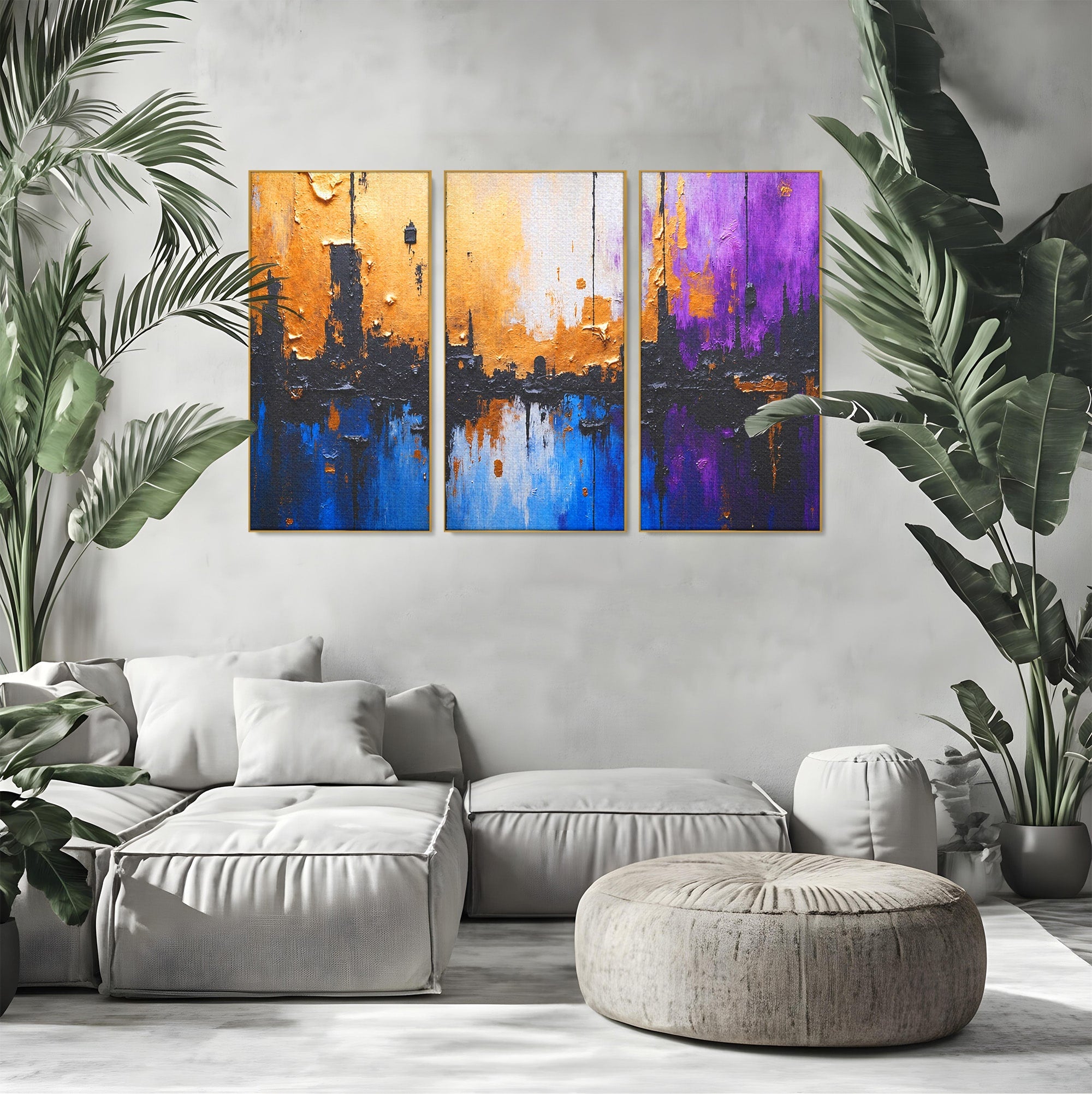 Set 3 Tablouri Canvas Premium LuxCanva® C3-1329, Orasul Abstract, Oras, Abstract, Peisaj Urban, Modern, Living, Culori Vibrante