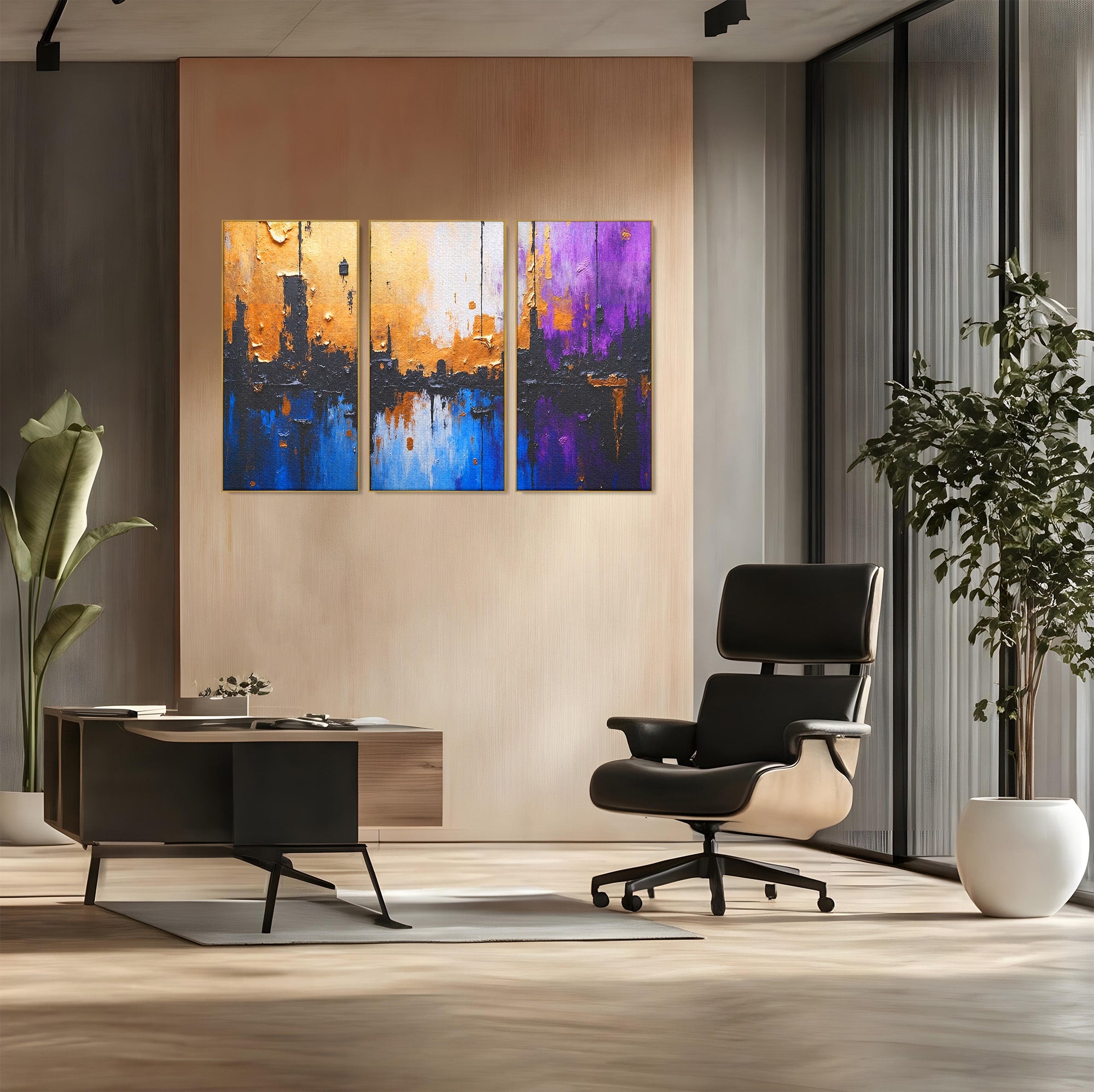 Set 3 Tablouri Canvas Premium LuxCanva® C3-1329, Orasul Abstract, Oras, Abstract, Peisaj Urban, Modern, Living, Culori Vibrante