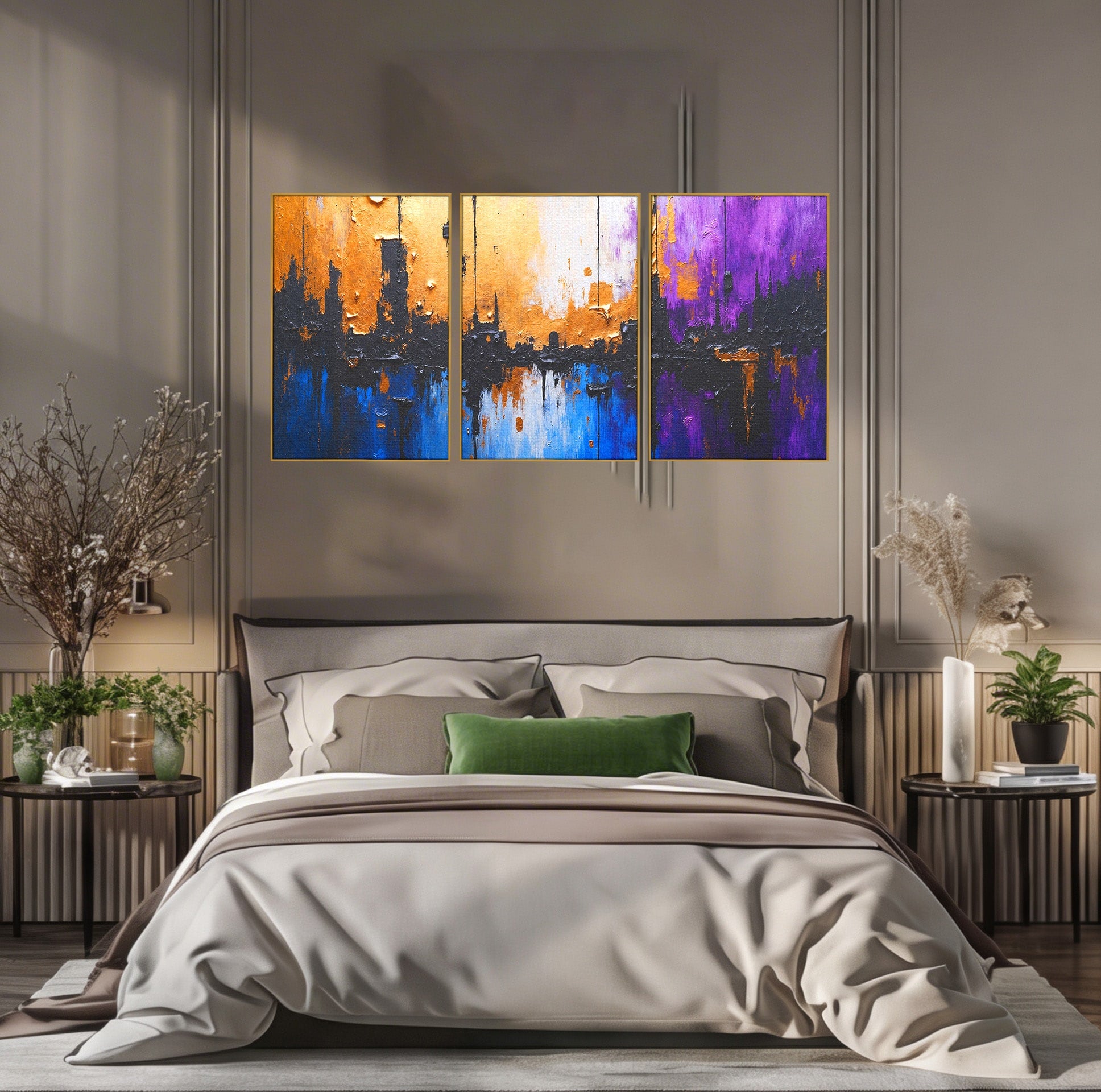 Set 3 Tablouri Canvas Premium LuxCanva® C3-1329, Orasul Abstract, Oras, Abstract, Peisaj Urban, Modern, Living, Culori Vibrante