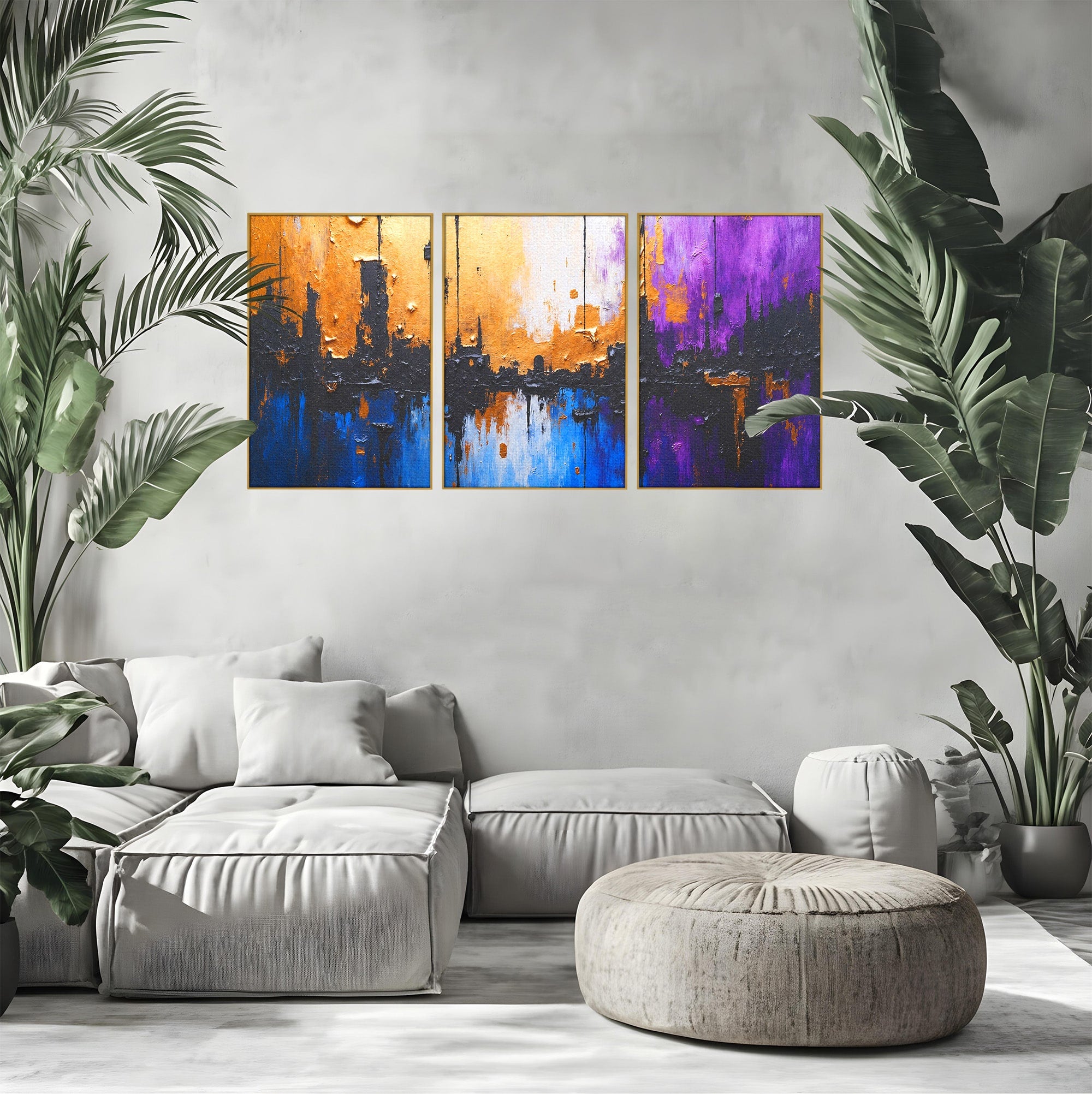 Set 3 Tablouri Canvas Premium LuxCanva® C3-1329, Orasul Abstract, Oras, Abstract, Peisaj Urban, Modern, Living, Culori Vibrante