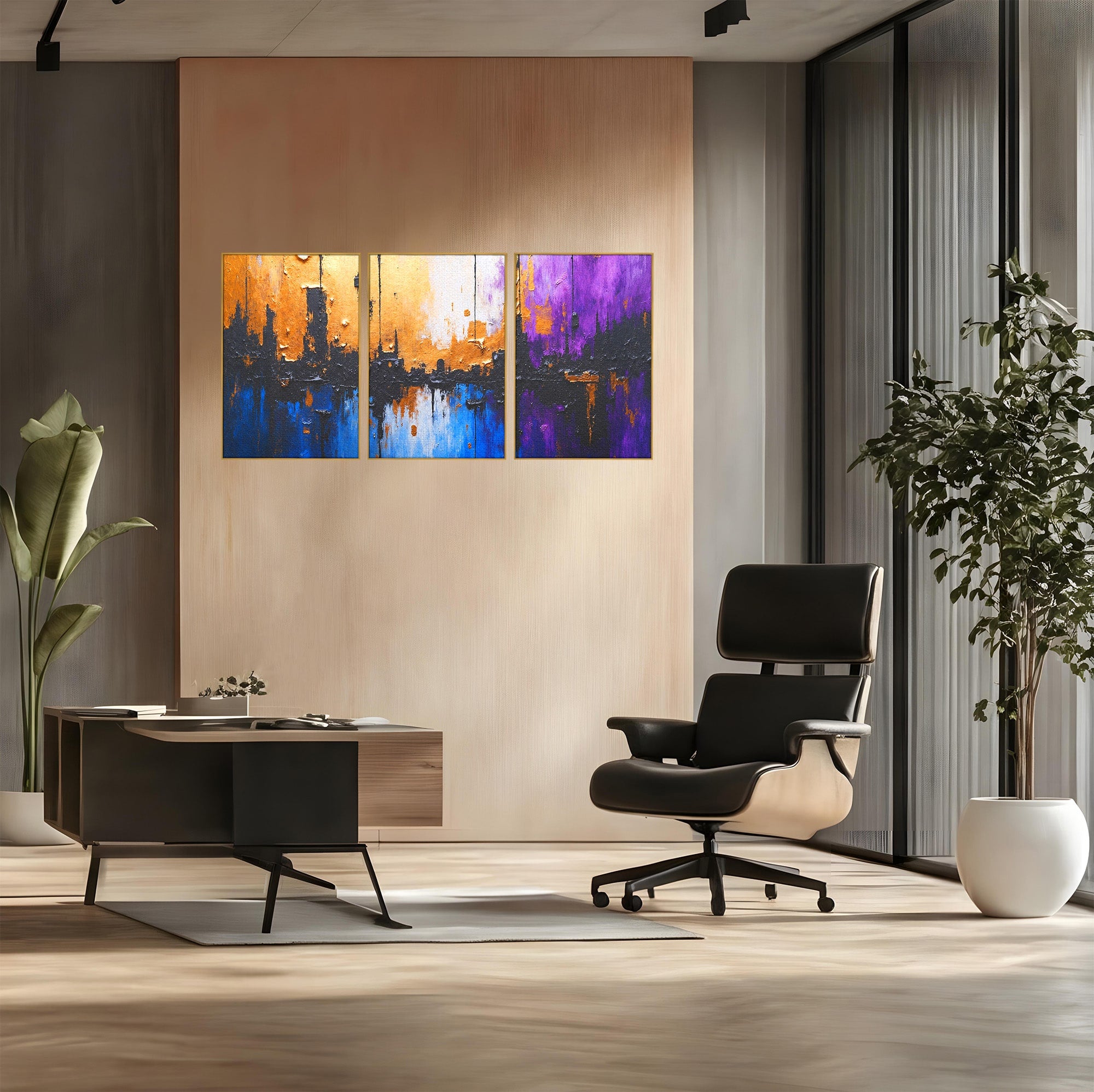 Set 3 Tablouri Canvas Premium LuxCanva® C3-1329, Orasul Abstract, Oras, Abstract, Peisaj Urban, Modern, Living, Culori Vibrante