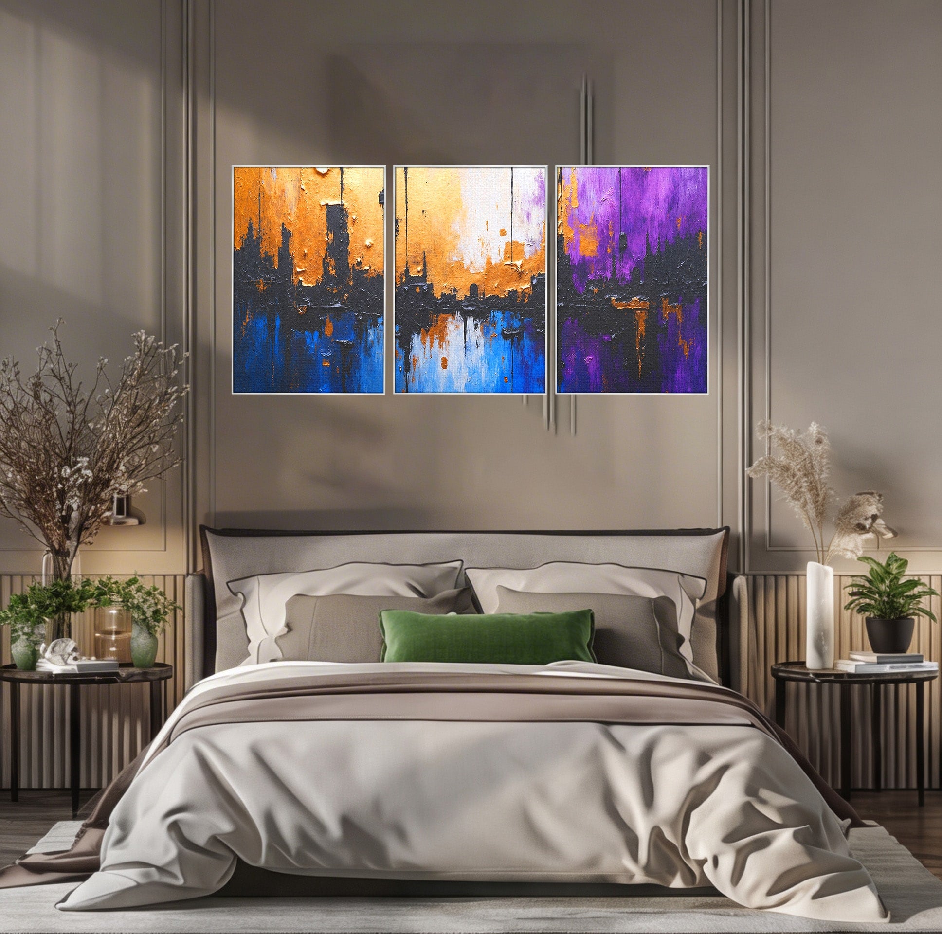 Set 3 Tablouri Canvas Premium LuxCanva® C3-1329, Orasul Abstract, Oras, Abstract, Peisaj Urban, Modern, Living, Culori Vibrante