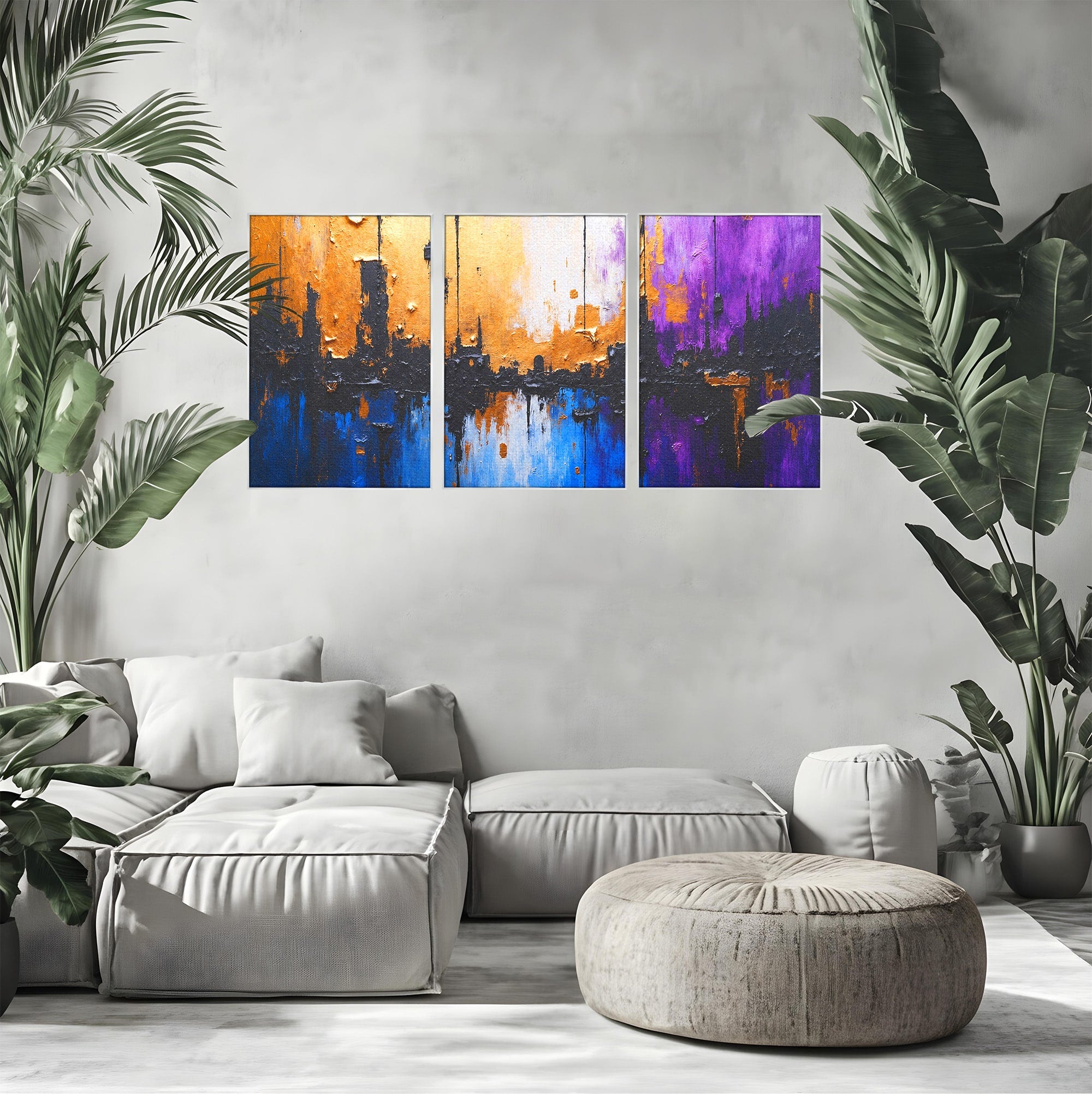 Set 3 Tablouri Canvas Premium LuxCanva® C3-1329, Orasul Abstract, Oras, Abstract, Peisaj Urban, Modern, Living, Culori Vibrante