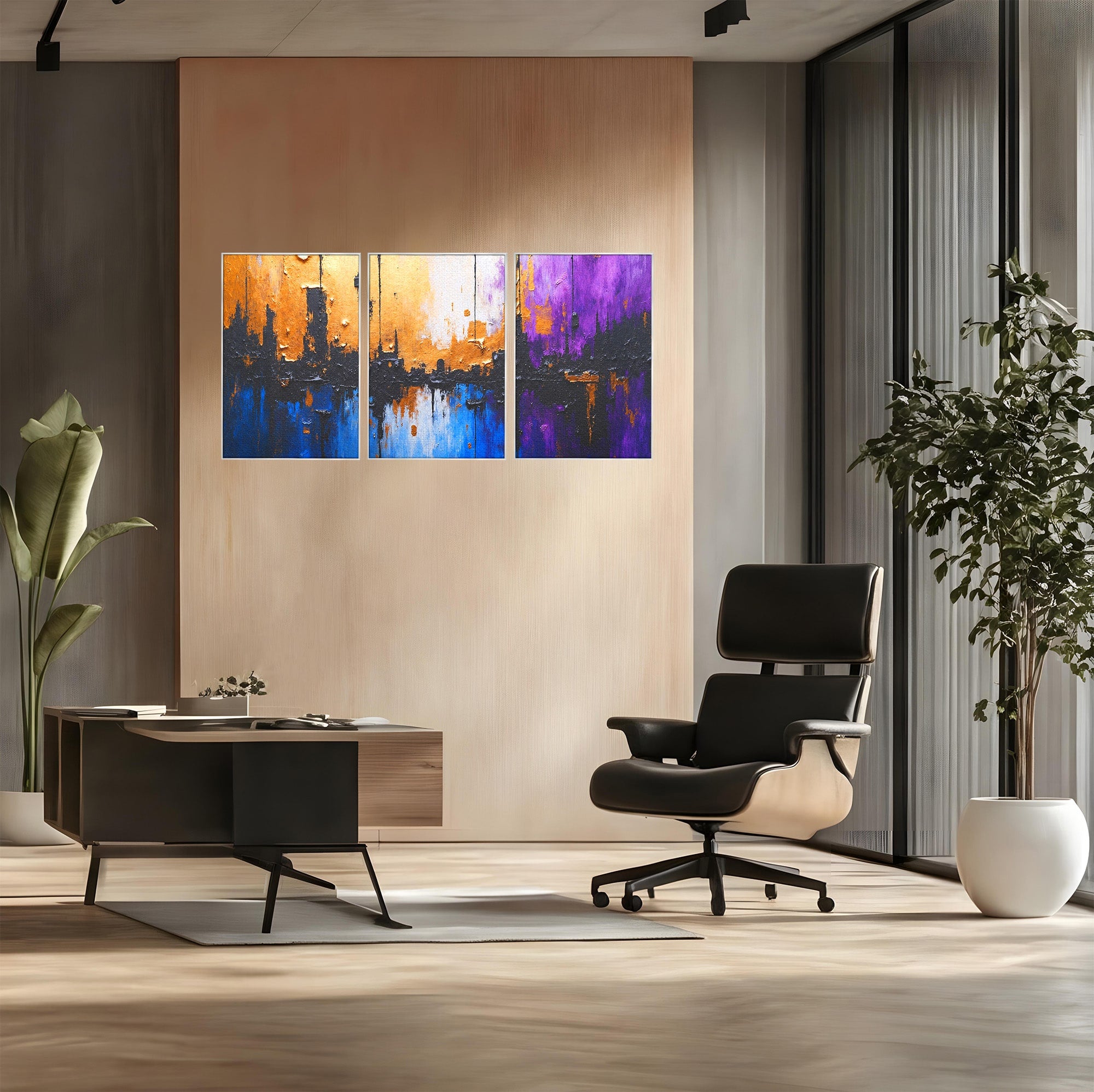 Set 3 Tablouri Canvas Premium LuxCanva® C3-1329, Orasul Abstract, Oras, Abstract, Peisaj Urban, Modern, Living, Culori Vibrante