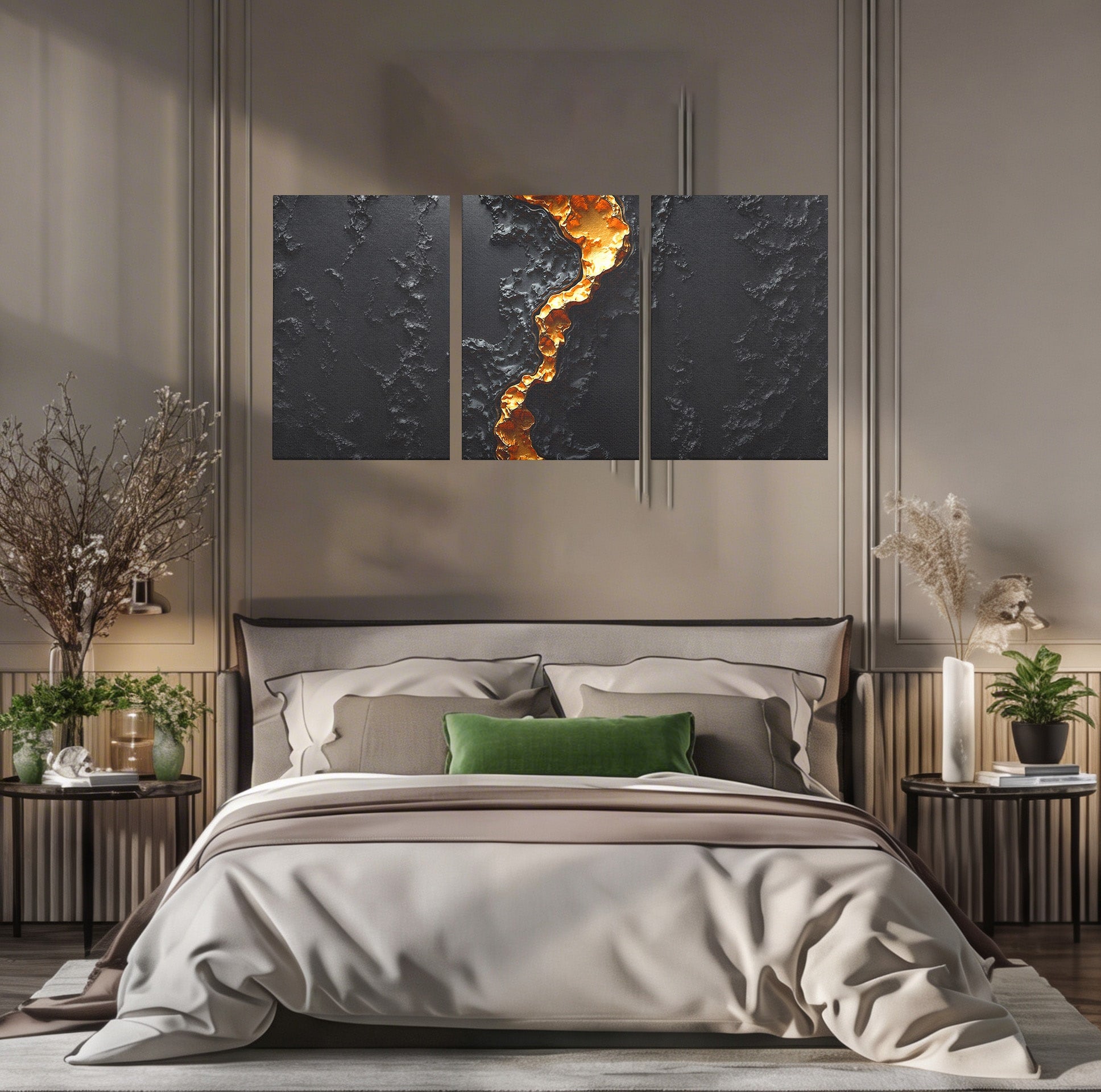 Set 3 Tablouri Canvas Premium LuxCanva® C3-1331, Rau De Aur, Abstract, Textura, Modern, Birou, Eleganta, Culori Vibrante