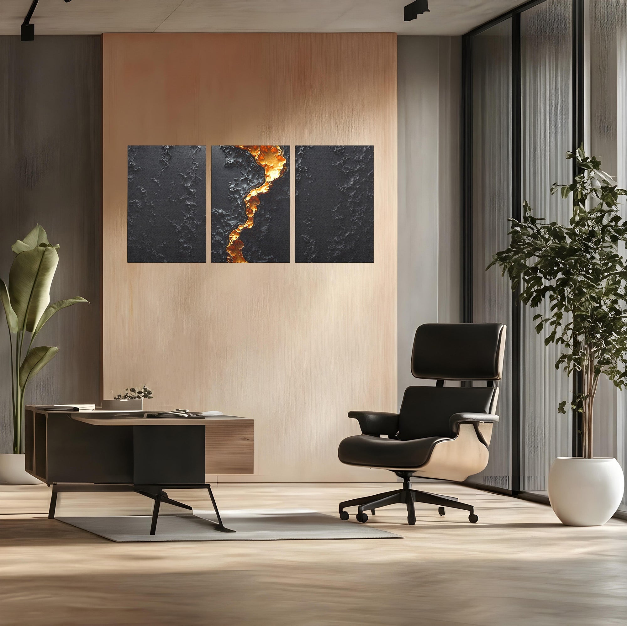 Set 3 Tablouri Canvas Premium LuxCanva® C3-1331, Rau De Aur, Abstract, Textura, Modern, Birou, Eleganta, Culori Vibrante