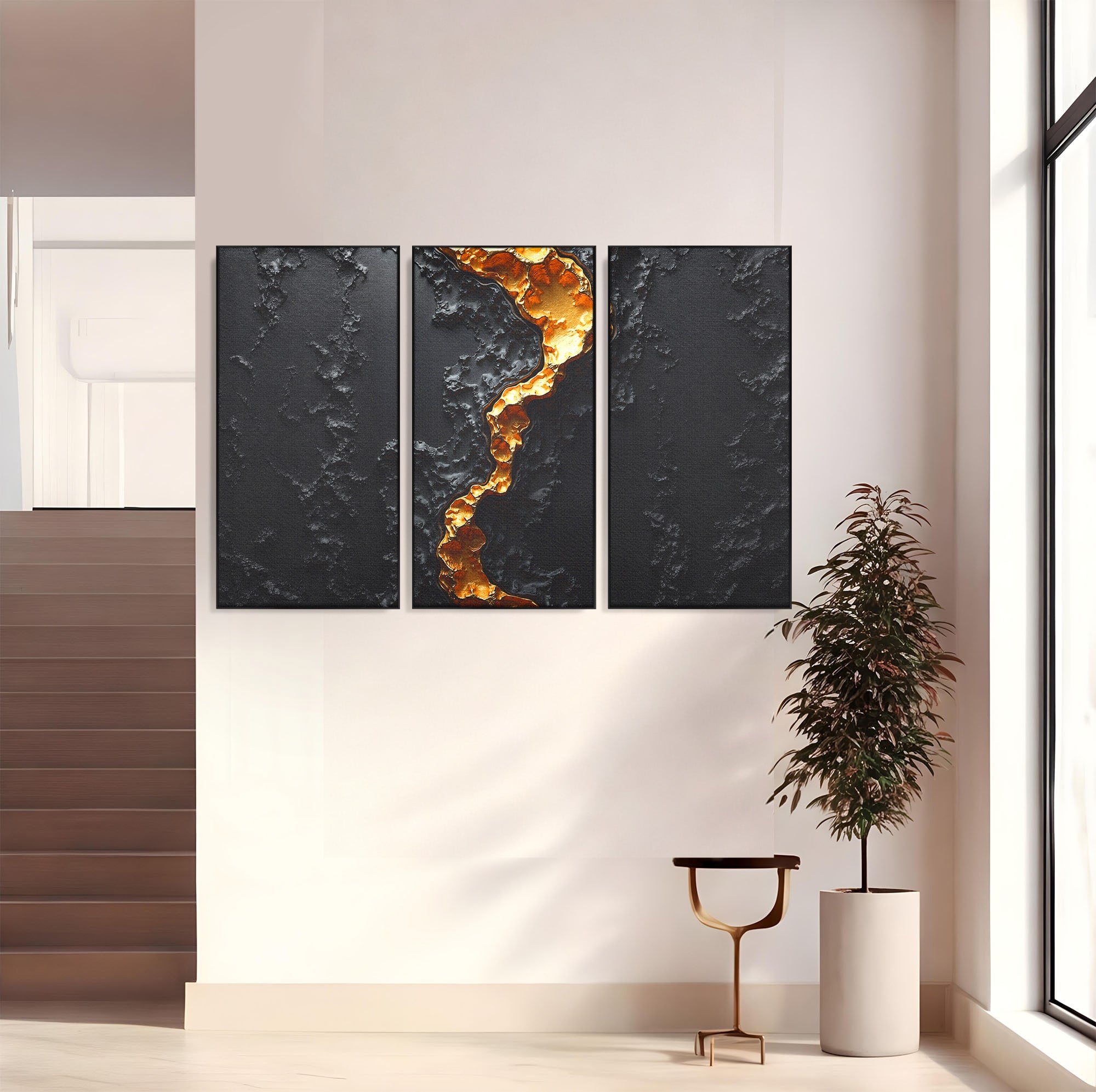 Set 3 Tablouri Canvas Premium LuxCanva® C3-1331, Rau De Aur, Abstract, Textura, Modern, Birou, Eleganta, Culori Vibrante