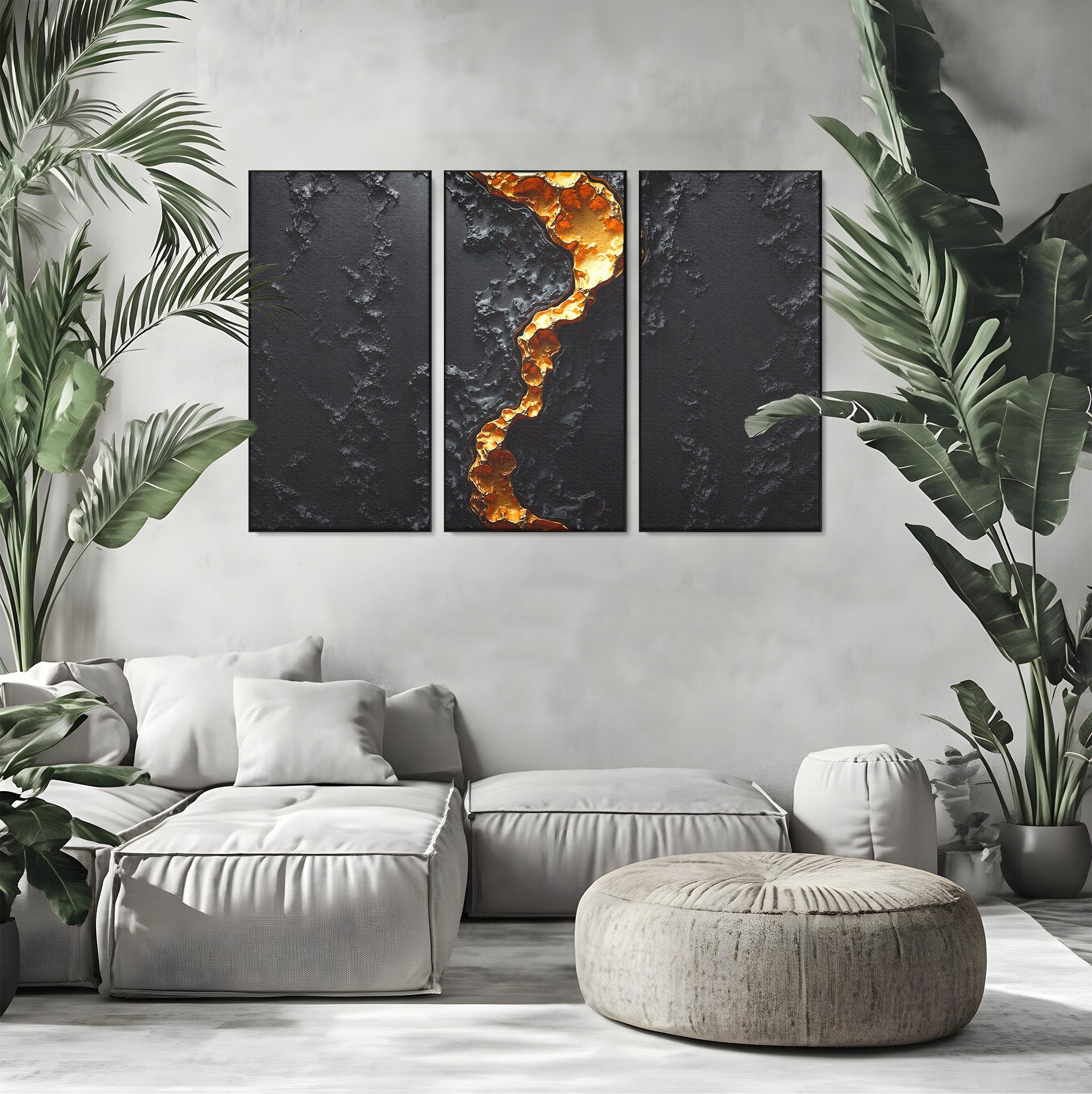 Set 3 Tablouri Canvas Premium LuxCanva® C3-1331, Rau De Aur, Abstract, Textura, Modern, Birou, Eleganta, Culori Vibrante