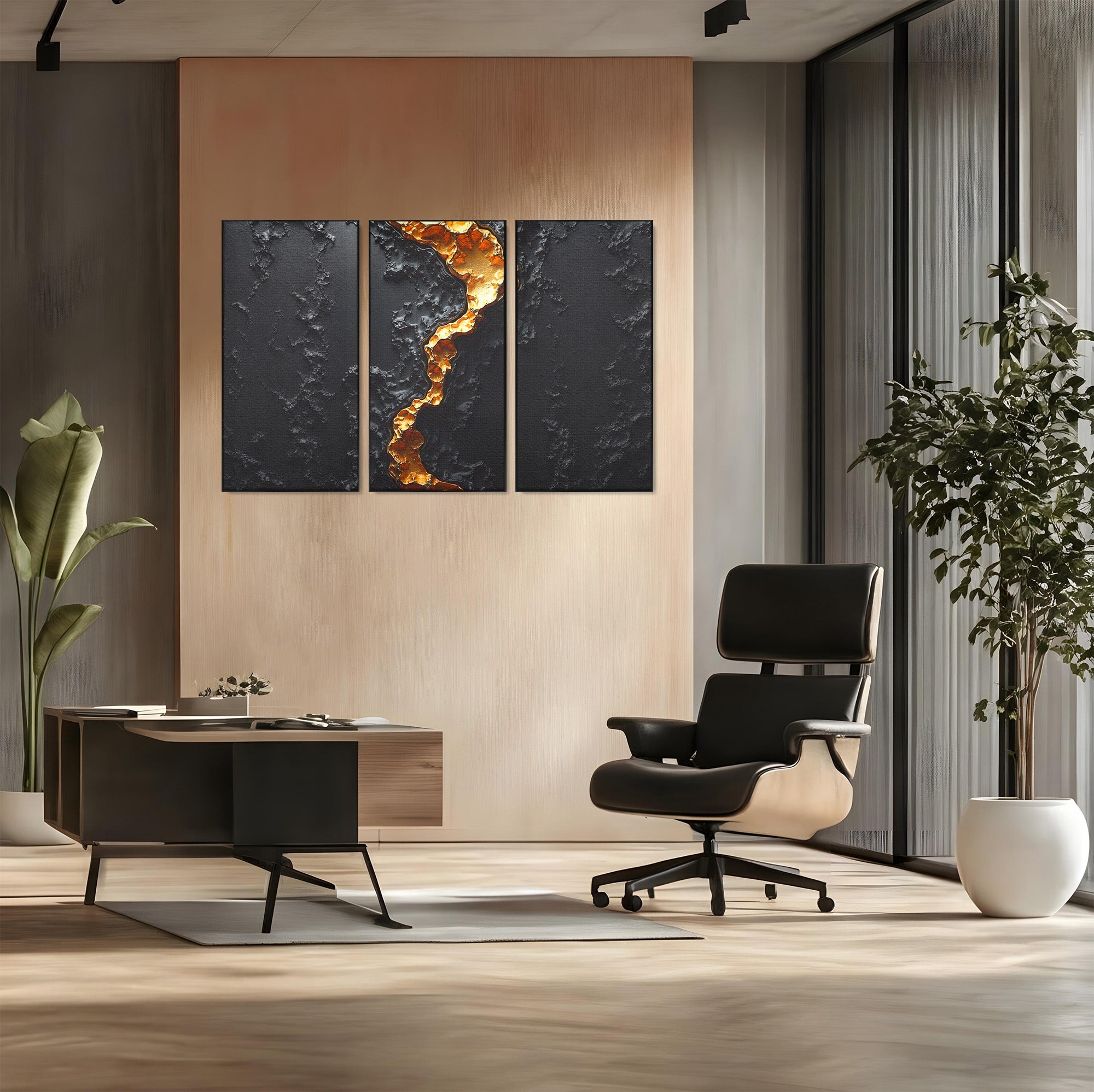 Set 3 Tablouri Canvas Premium LuxCanva® C3-1331, Rau De Aur, Abstract, Textura, Modern, Birou, Eleganta, Culori Vibrante
