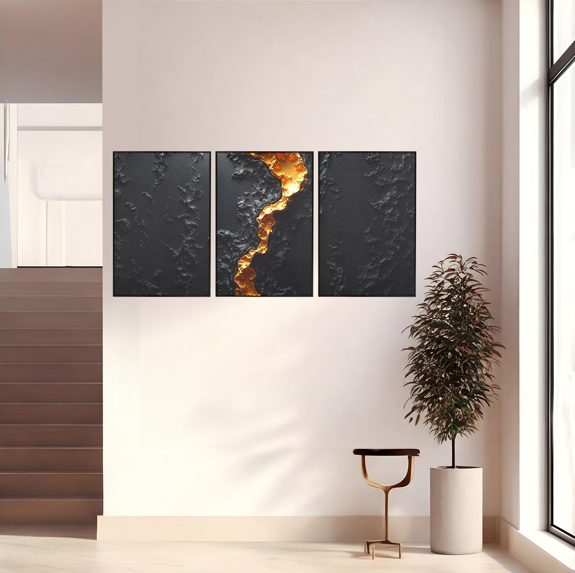 Set 3 Tablouri Canvas Premium LuxCanva® C3-1331, Rau De Aur, Abstract, Textura, Modern, Birou, Eleganta, Culori Vibrante