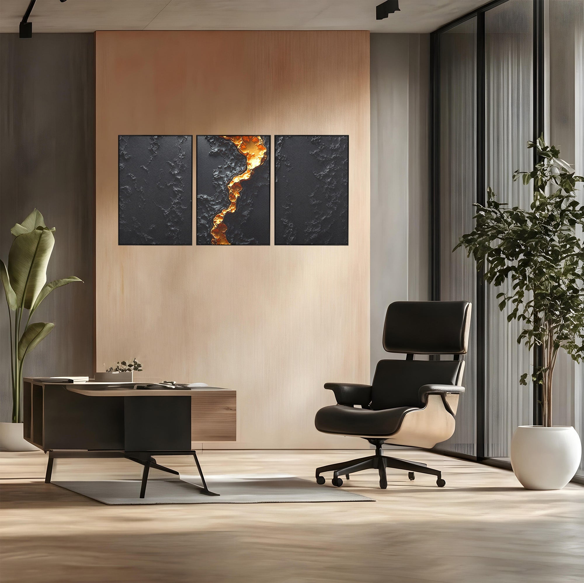 Set 3 Tablouri Canvas Premium LuxCanva® C3-1331, Rau De Aur, Abstract, Textura, Modern, Birou, Eleganta, Culori Vibrante