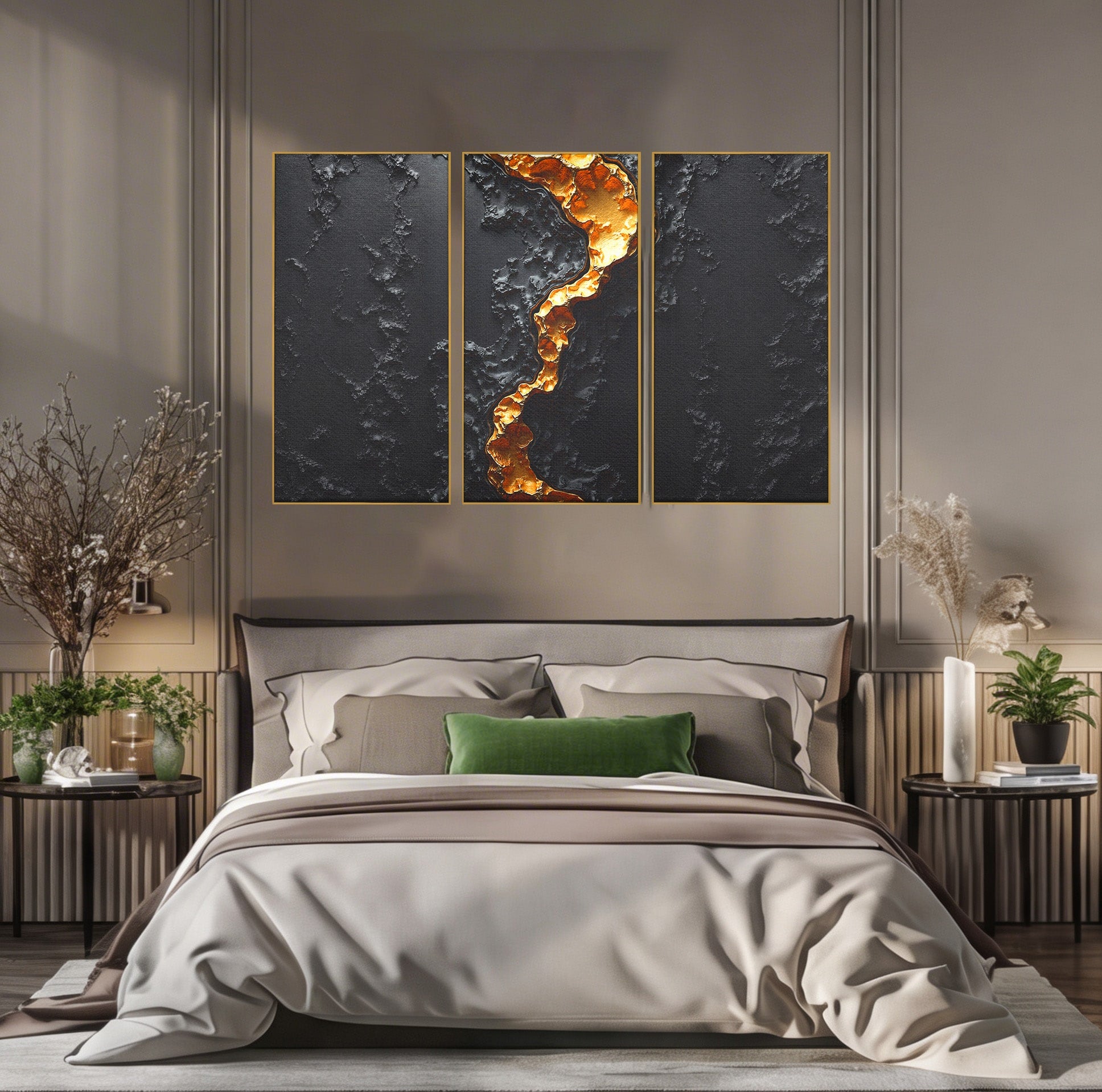 Set 3 Tablouri Canvas Premium LuxCanva® C3-1331, Rau De Aur, Abstract, Textura, Modern, Birou, Eleganta, Culori Vibrante